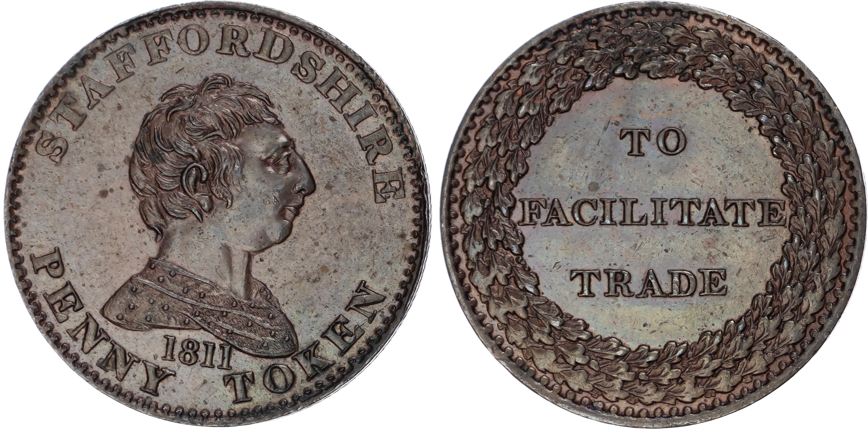 Staffordshire, General Commerce, Penny 1811, Bust of George III right, rev. three-line legend in oaken wreath,…