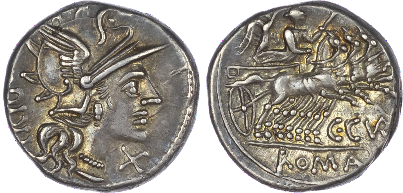 C. Curiatius Trigemenus (142 BC) AR Denarius, Rome, 3.87g. TRIG, helmeted head of Roma facing right, X (mark of value) to
