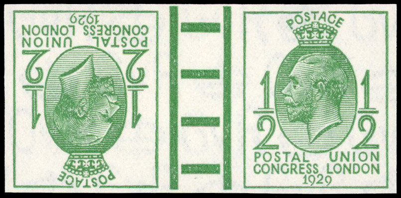 GB 1929 ½d green imperforate tête-bêche gutter pair of imprimaturs, SG 434var