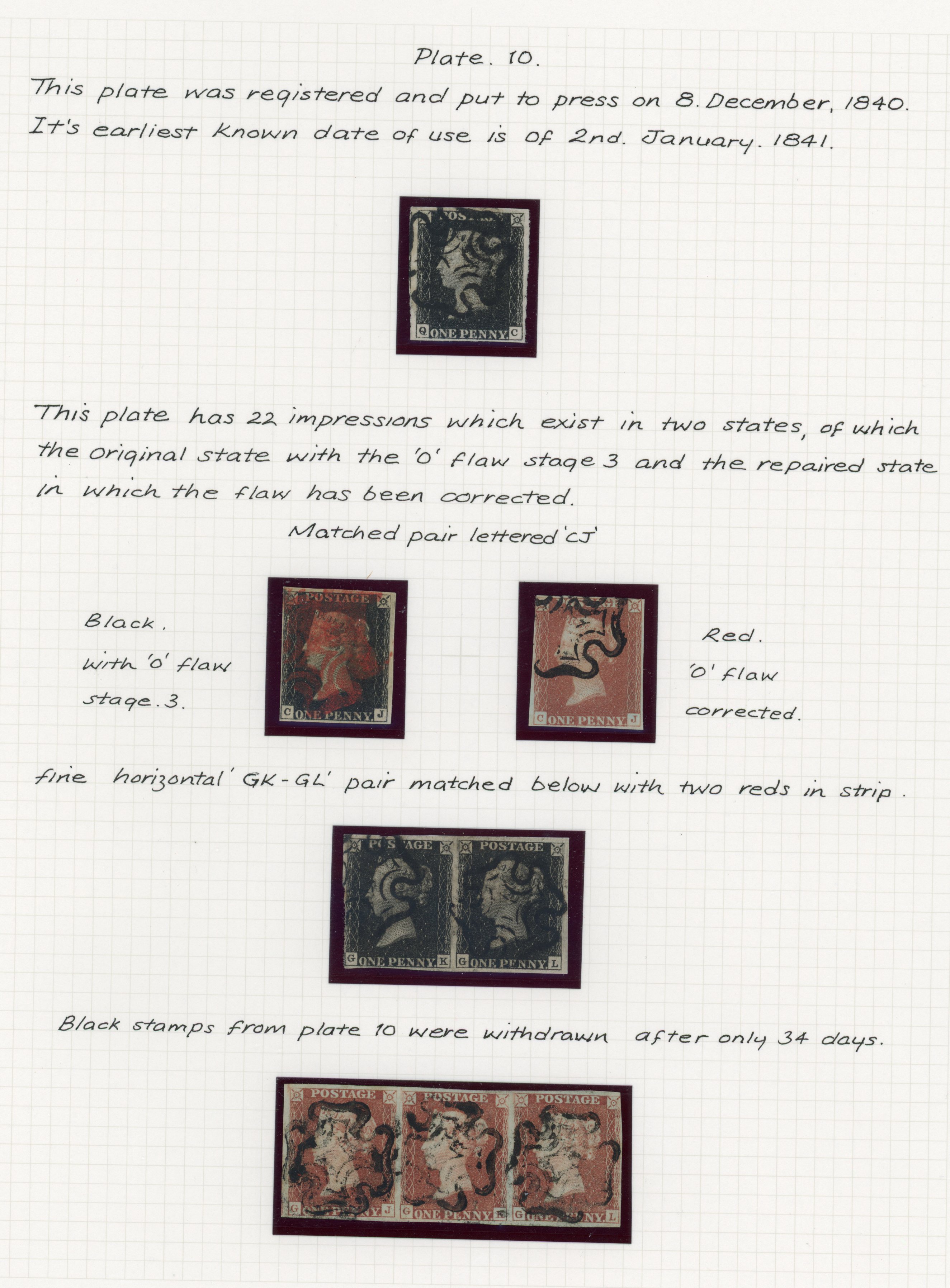 1840 1d Black Pl.10. Fine group of eight adhesives