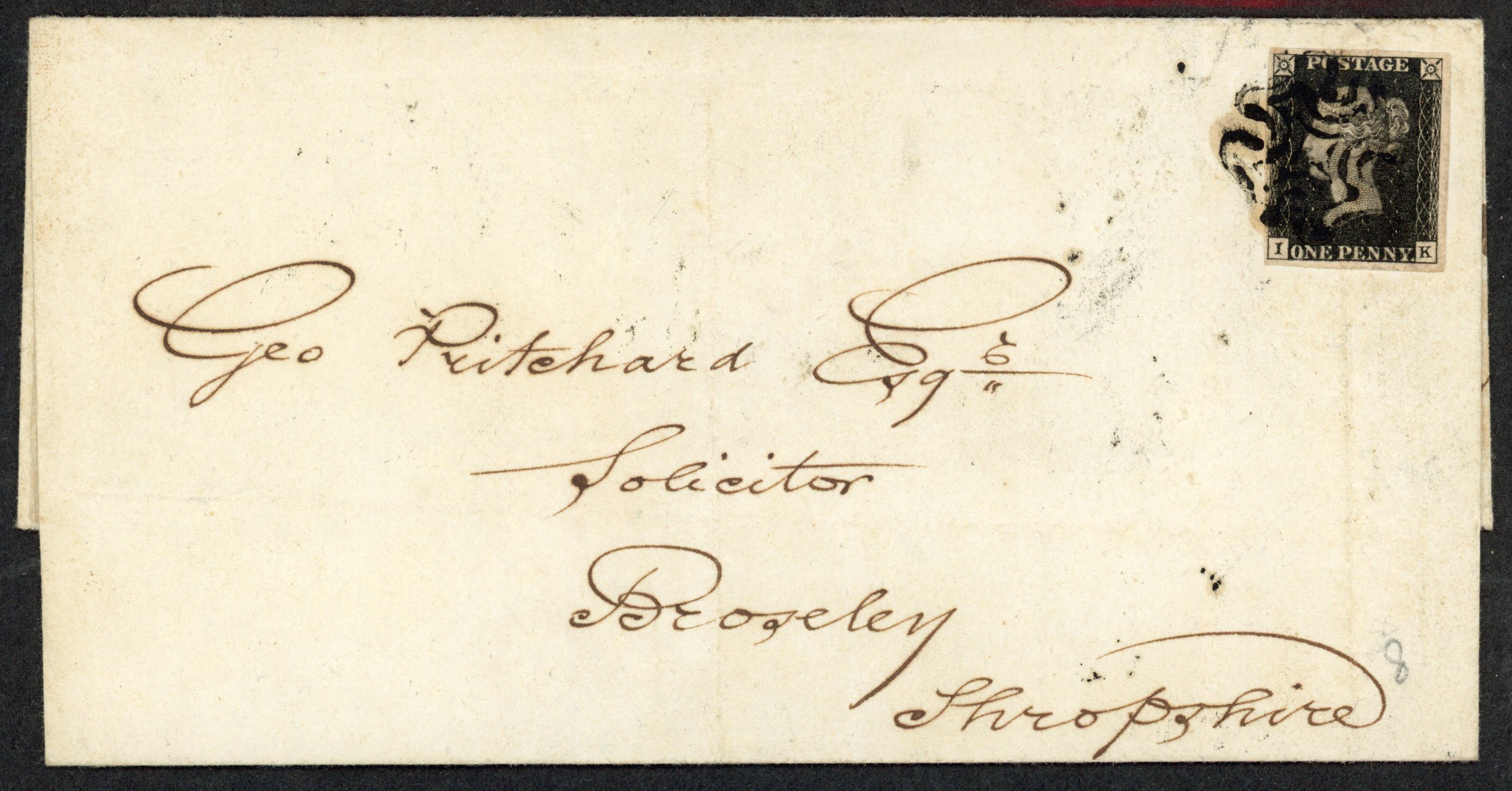 1840 1d black, Plate 8 (IK) tied to entire by black MC file crease at right, and 1d black Plate 8 (AE) 1841 entire to London