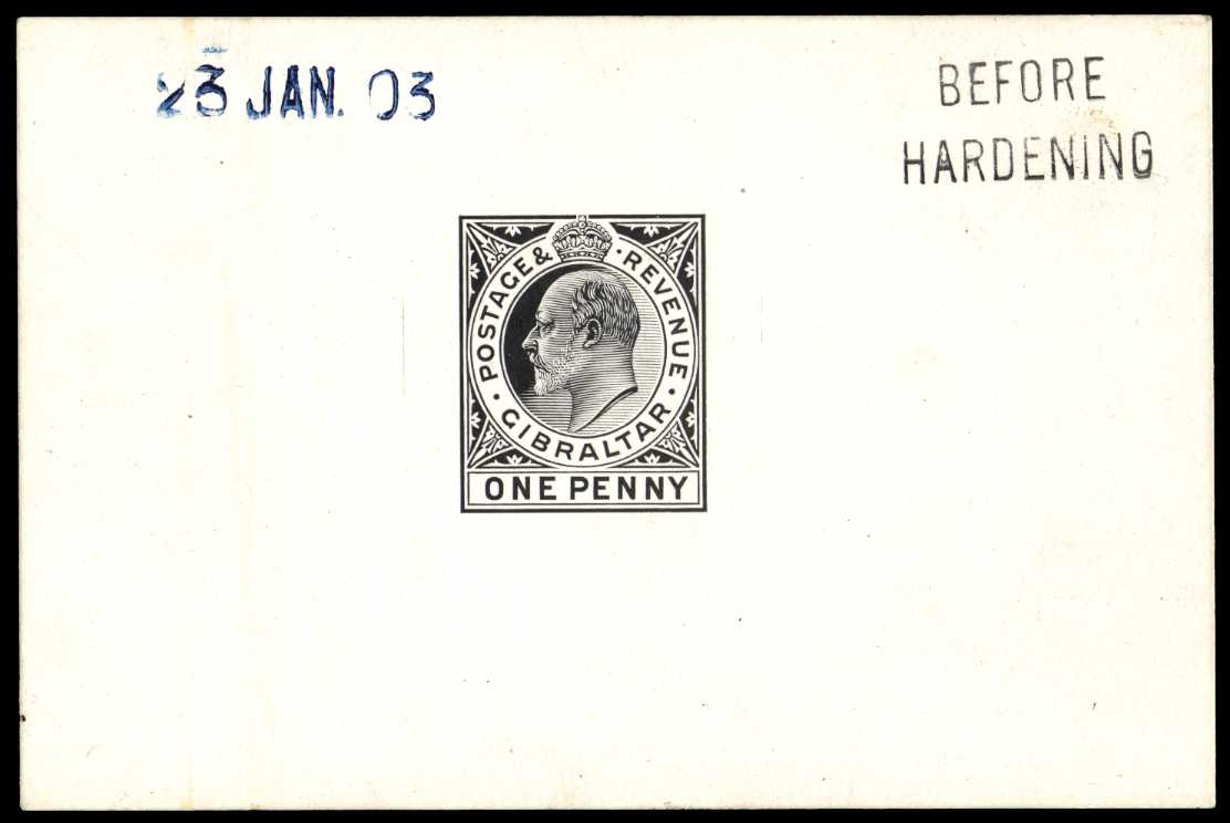 Gibraltar 1903 KEVII 1d die proof in black on glazed card SG 47var