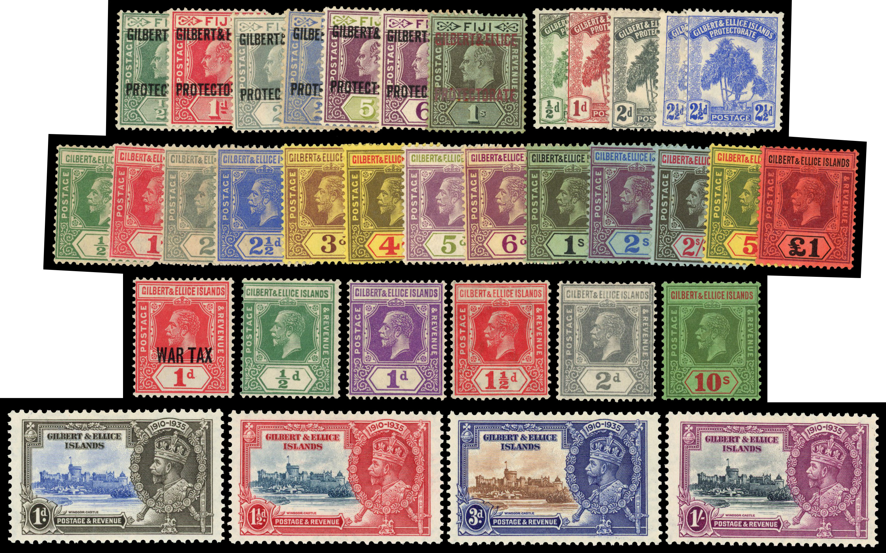 Gilbert and Ellice: Mint on stockcard including 1907 to 1s, 1908 to 5s, 1913 to 11d, 1914 to £1 and 1922 to 10s, good to