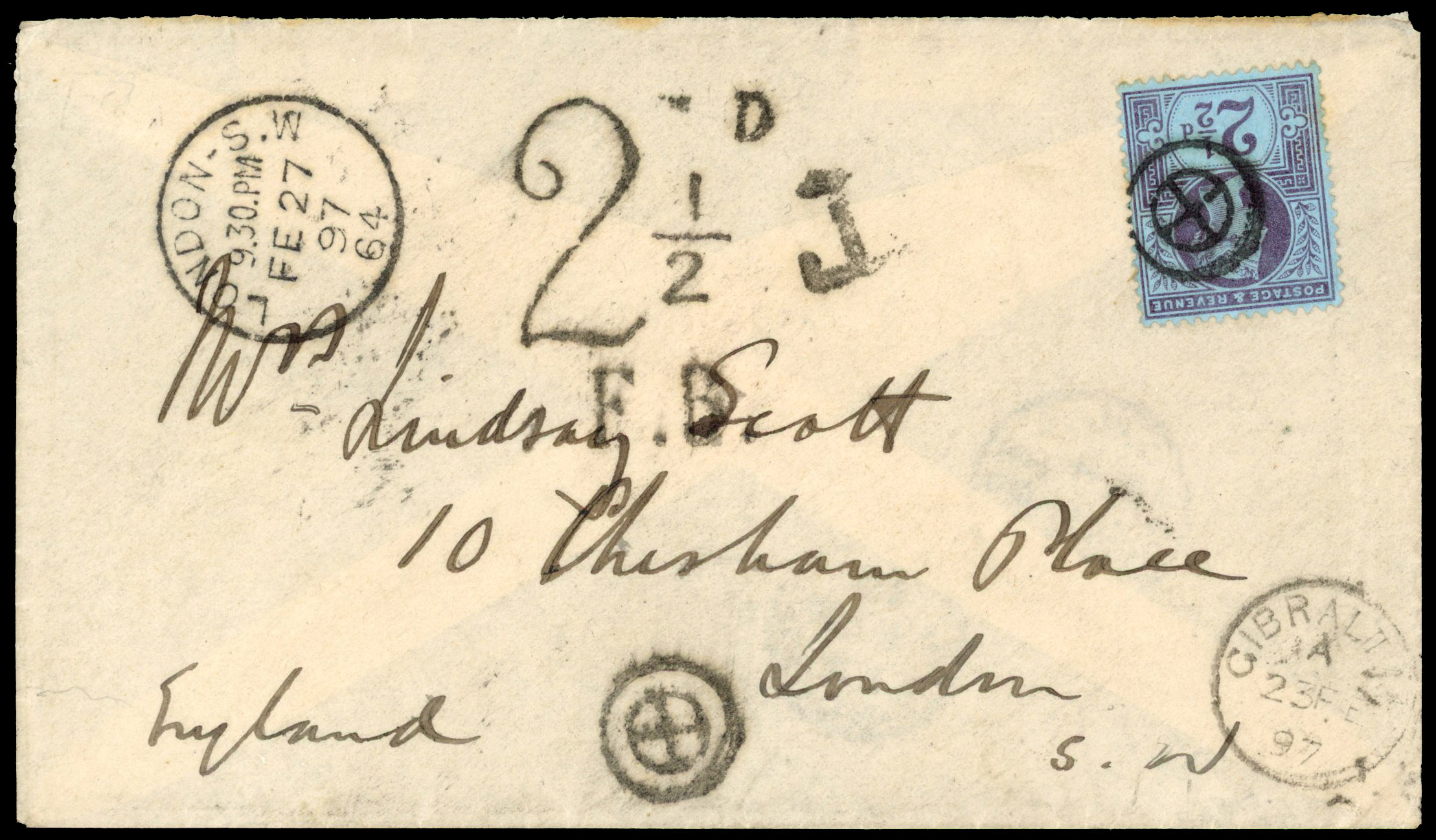 1887 2½d Purple/blue ‘Jubilee’. Gibraltar to London fancy inspectors mark