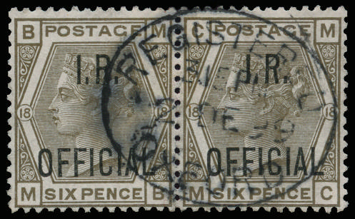 Great Britain 1882 6d Grey Pl.18 (I.R. Official). Very fine used horizontal pair lettered MB-MC, beautifully cance…