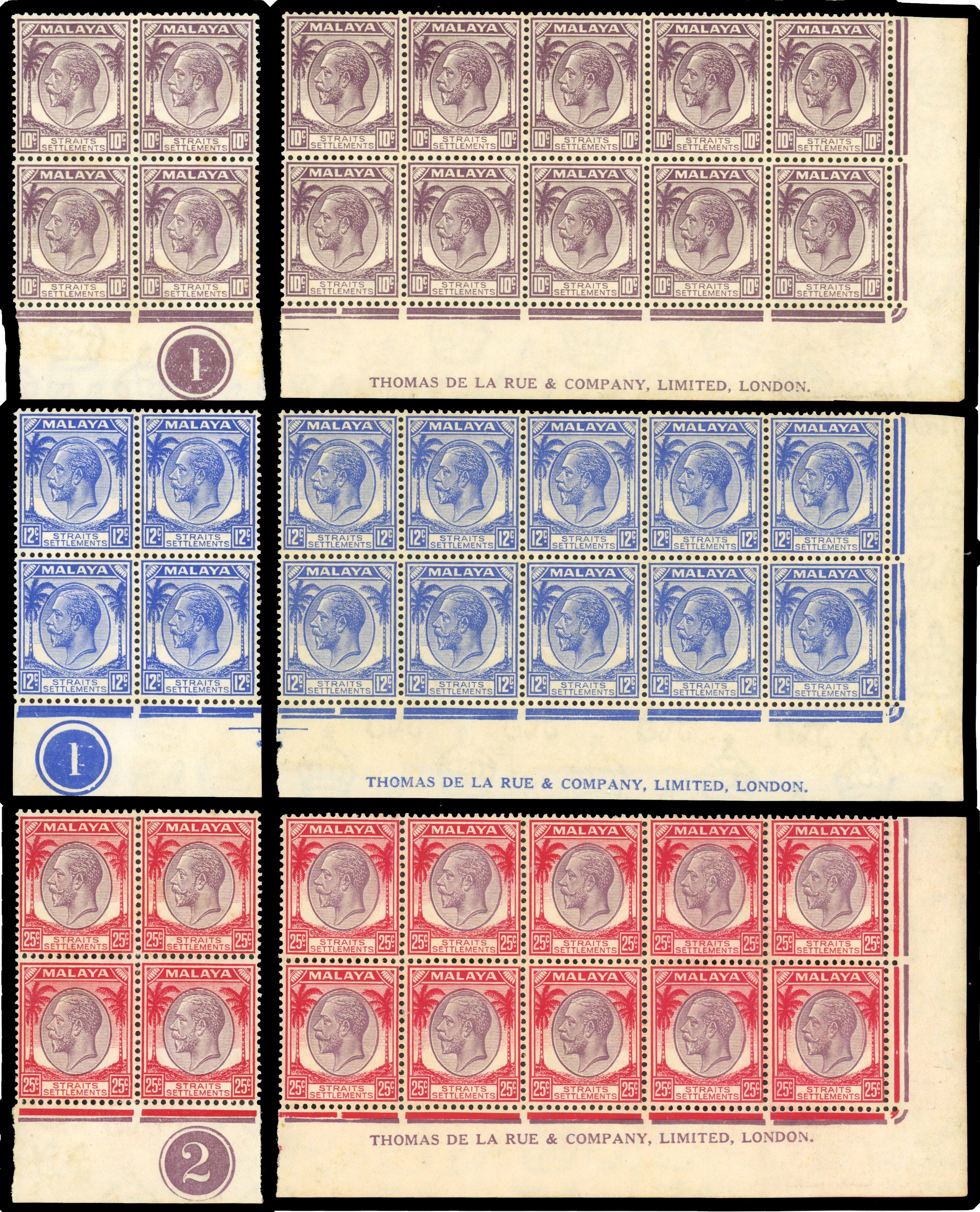 Straits Settlements 1936-37 10c to $5 imprint blocks of 10