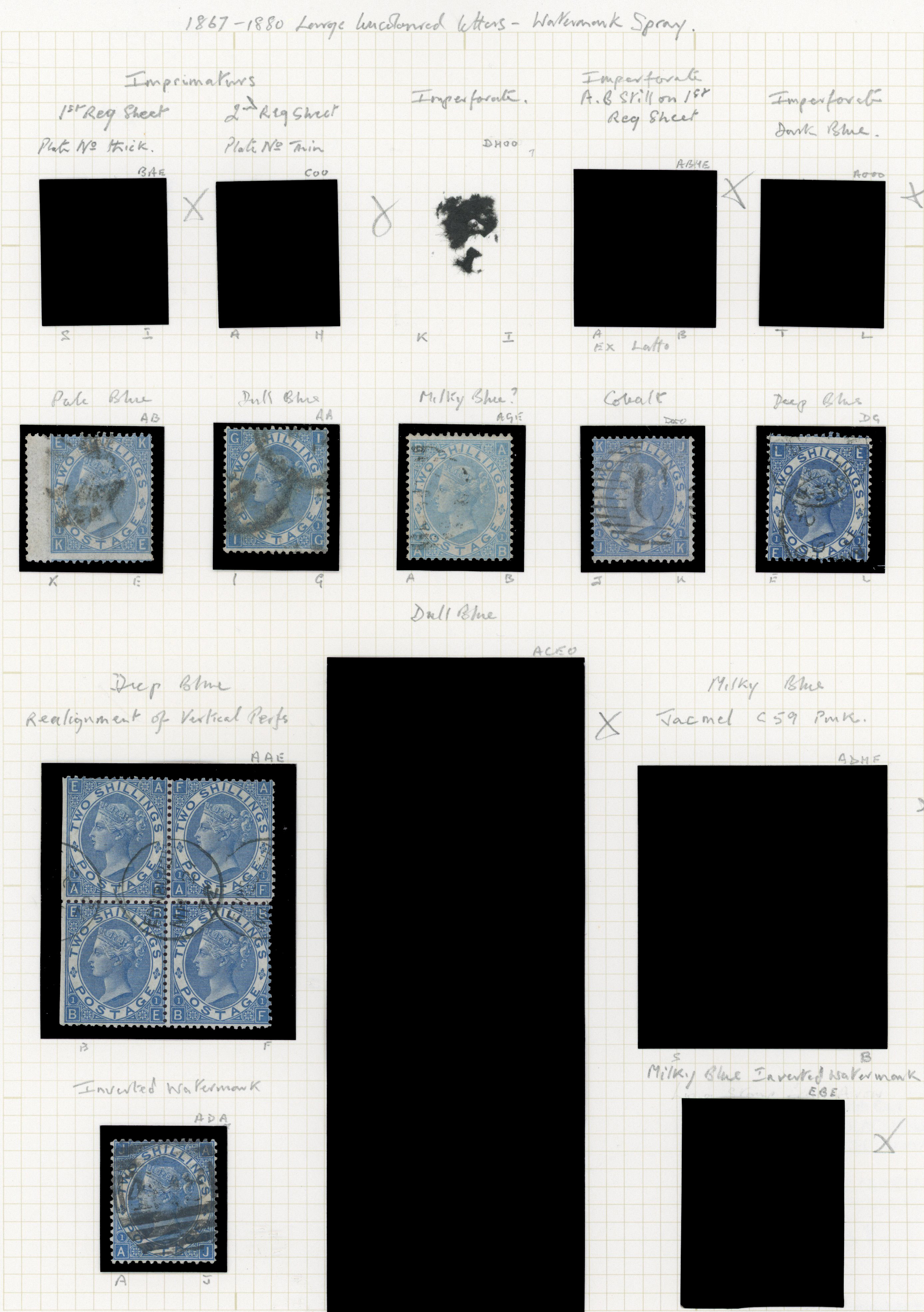 1867 2s Blue Pl.1 (SG118-120b, Wmk. Spray). Used study of 2s Blue, shades and vars