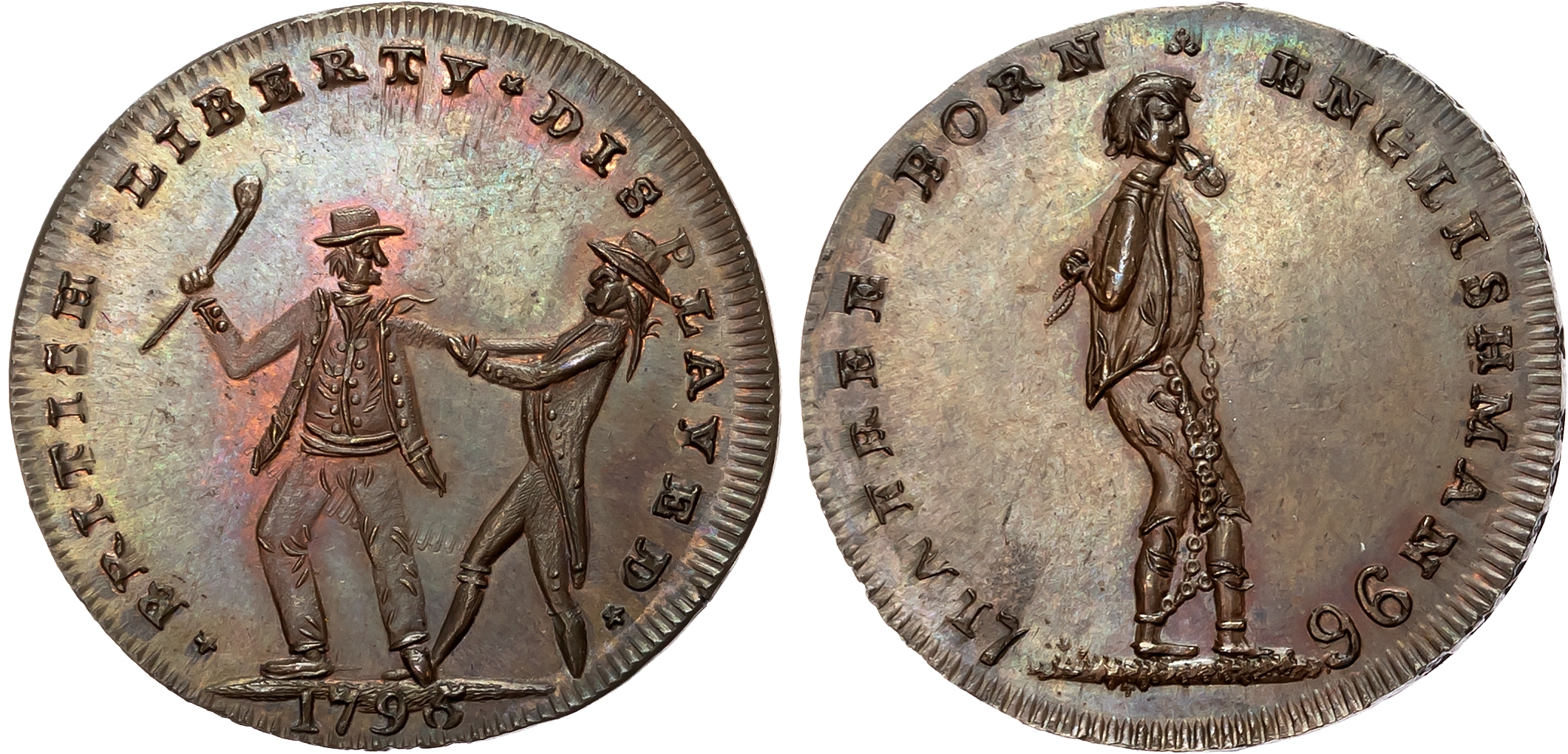 London, Holborn, Thomas Spence Halfpenny 1796, A landsman being pressganged into the Navy, rev. A ‘free born’ Englishman …