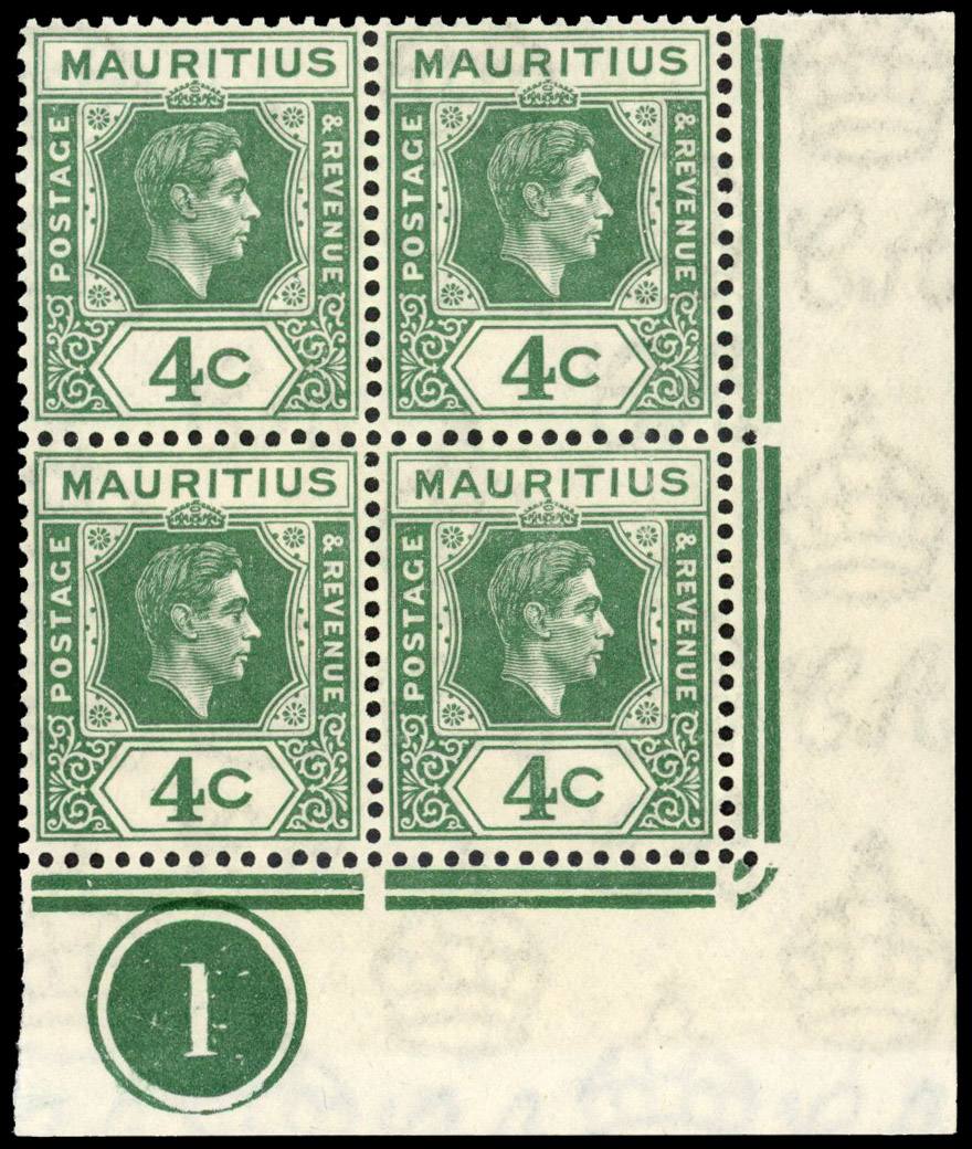 Mauritius SG 254a 1938 4c open 'C' Plate block mint