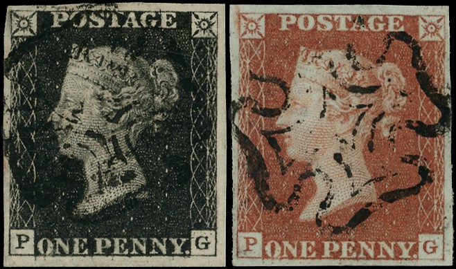 1840 1d black and 1d red-brown Plate X (PG) matched...