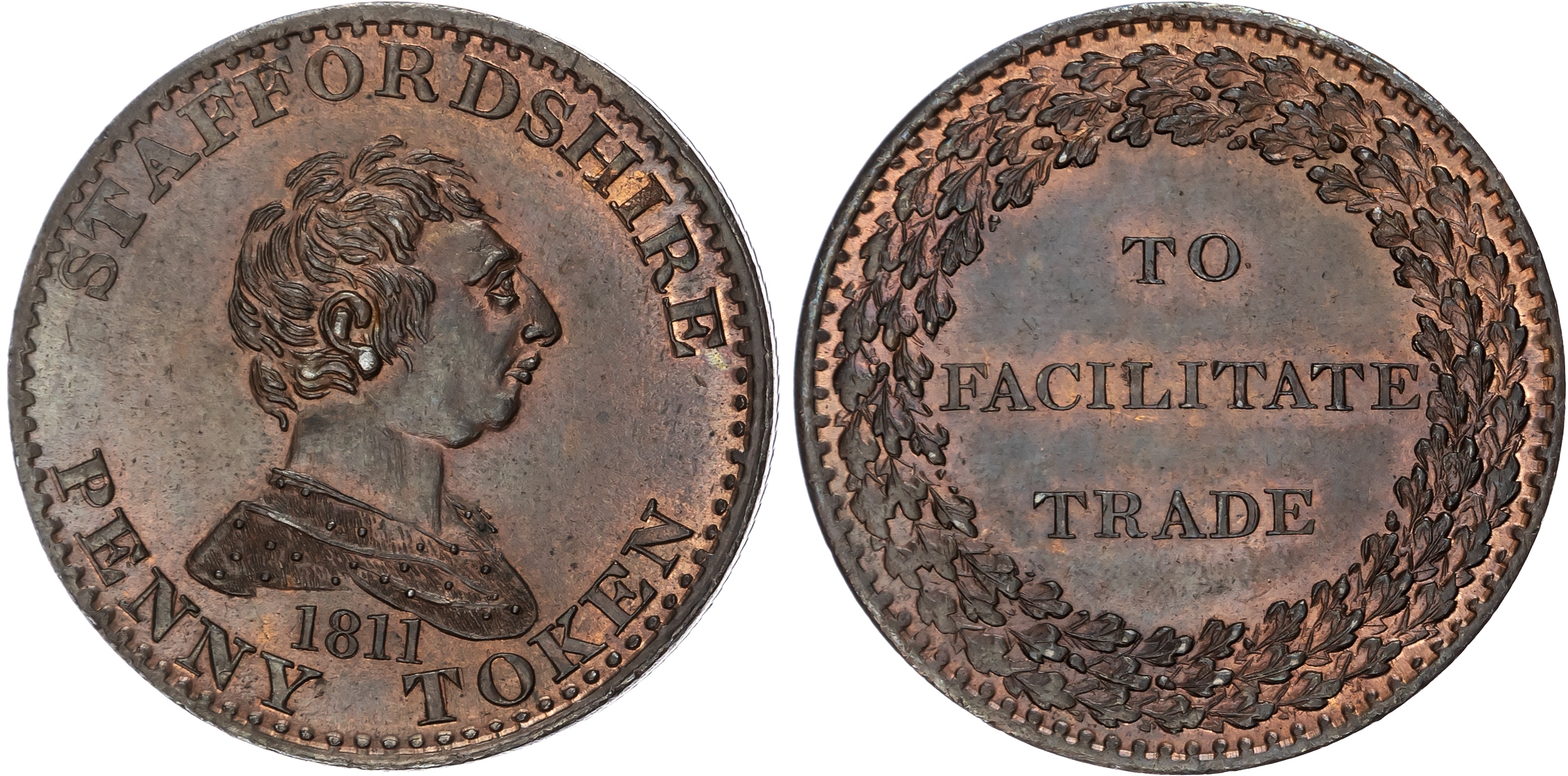 Staffordshire, General Commerce, Penny 1811, Bust of George III right, rev. three-line legend in oaken wreath,…