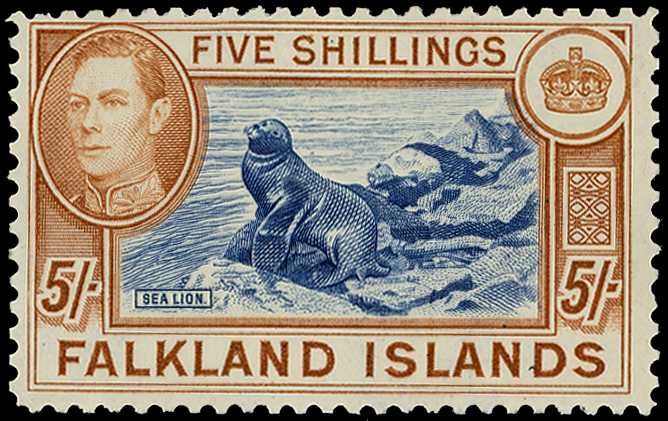 1939 5/- indigo and pale yellow-brown...