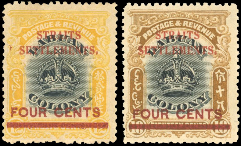 Malaya - Straits 1906-07 Labuan 4c on 12c and 4c on 18c showing no stop after CENTS, SG 144a, 146a