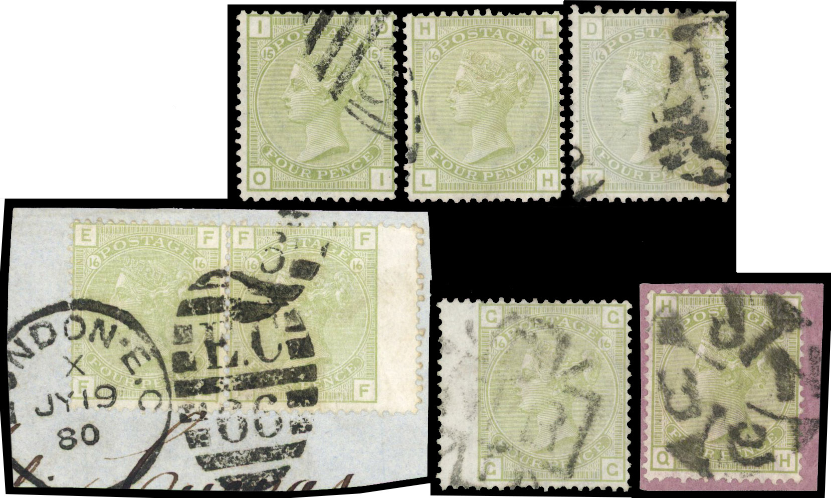 1877 4d Sage-green Pl.15-16 (SG153). A fine group of seven used