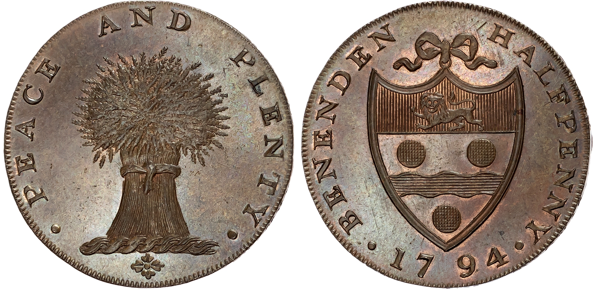 Kent . Benenden , Thomas Reeves (tailor, draper) Halfpenny 1794, wheatsheaf crest, rev. corporation of Maidstone arms, e …