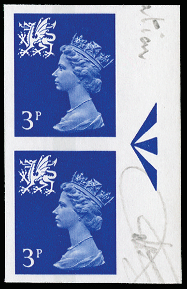 GB SGW15var  1974 3p Ultramarine Imprimatur pair.