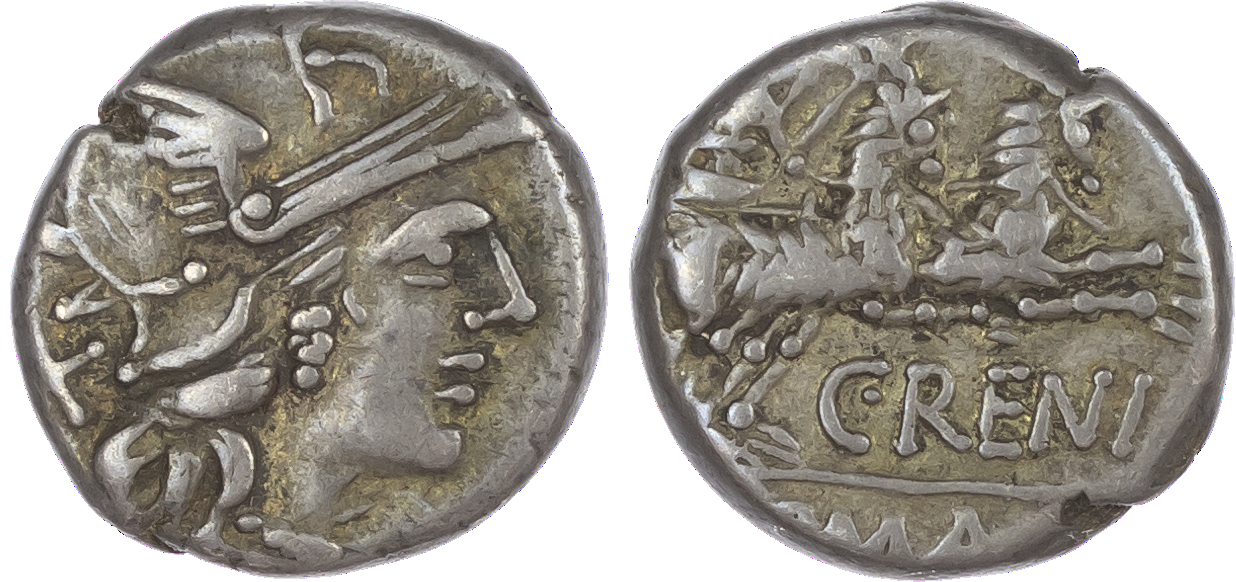 C. Renius (138 BC) AR Denarius, Rome, 3.86g. Helmeted head of Roma facing right, X (mark of value) behind. Rev. Juno,