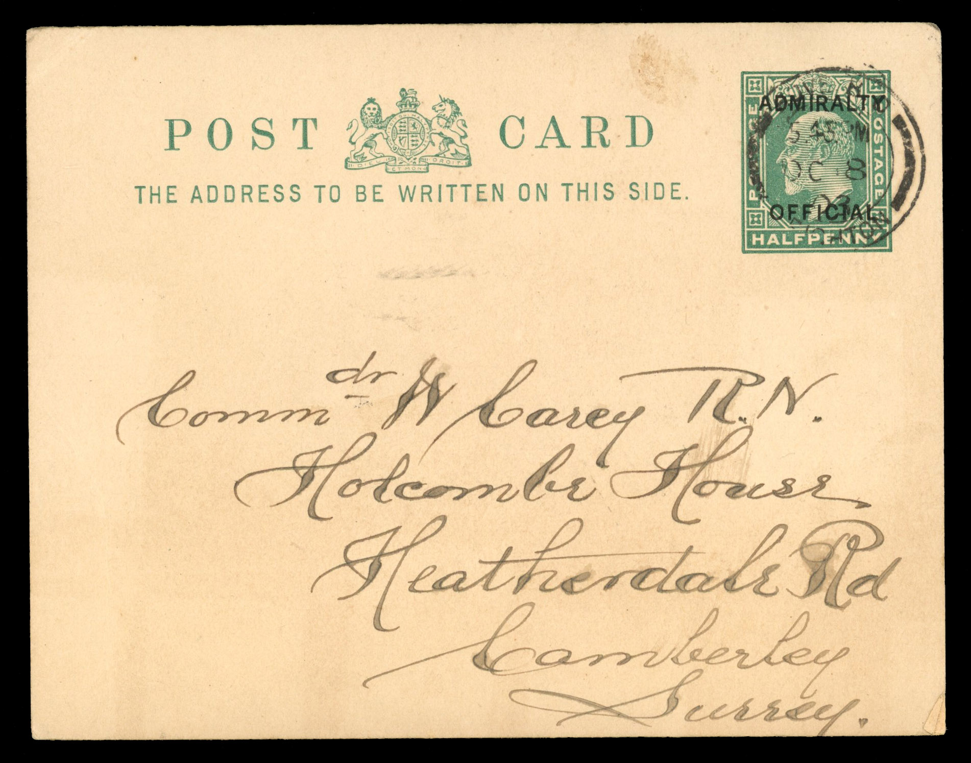 GB 1903 ½d Admiralty Official stationery card used