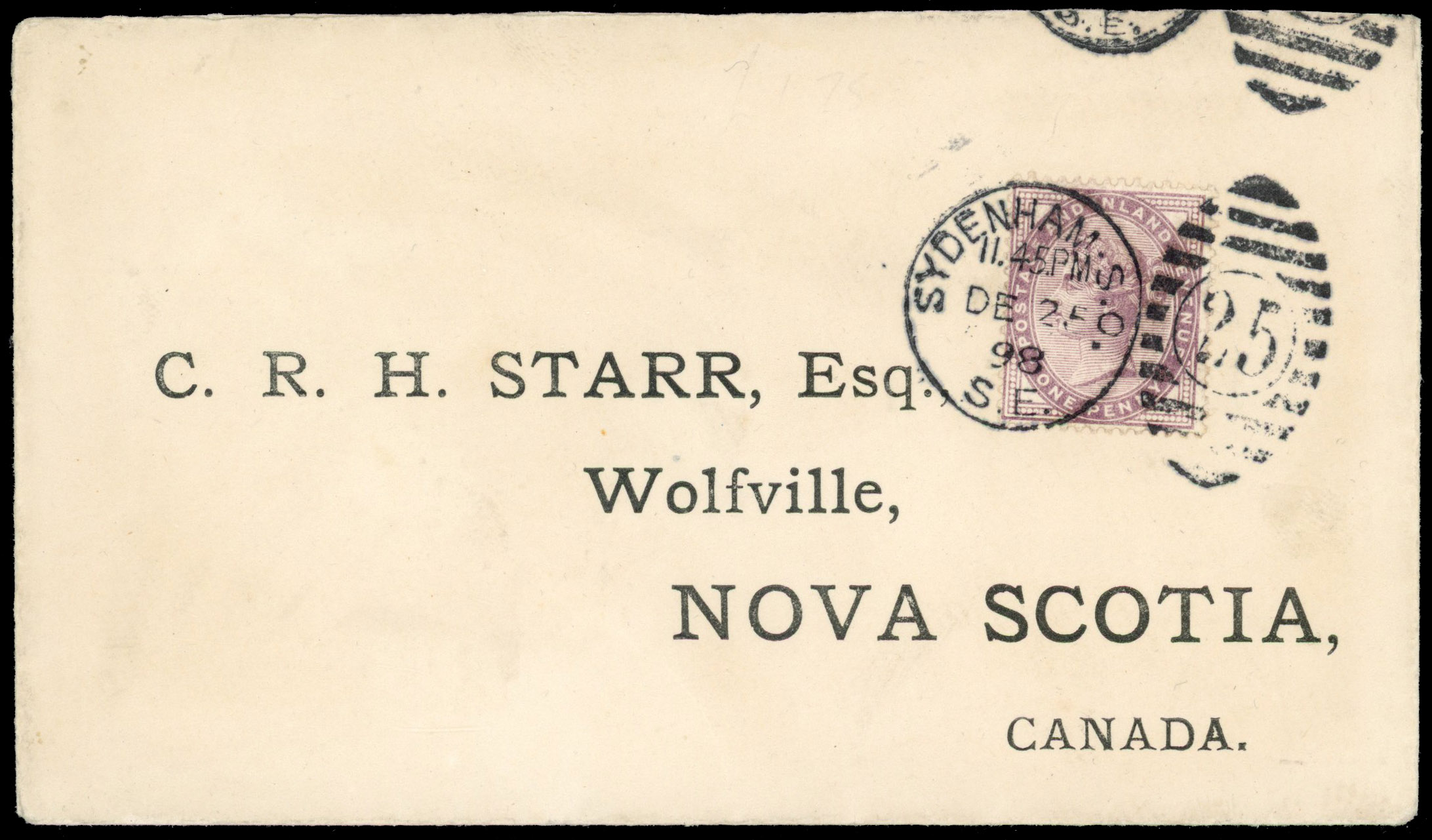 1898 Imperial Penny Post. Very fine cover to Nova Scotia, Canada prepaid by a 1d Lilac (SG 172)