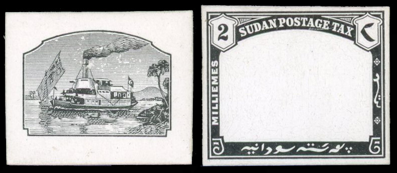 Sudan Postage Due. 1901-26 ‘Gunboat Zafir’ cut down die proof of the vignette and 2m frame