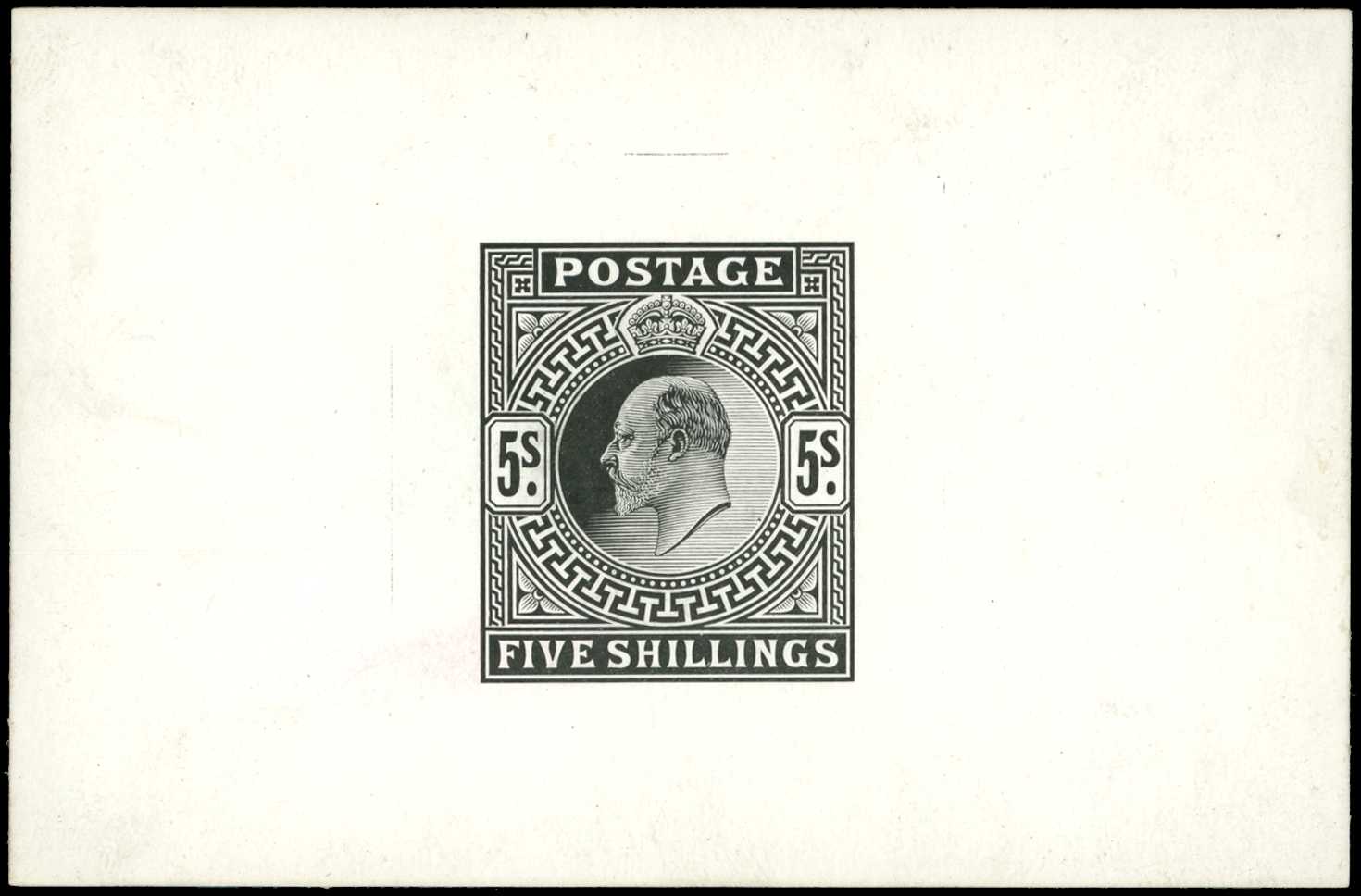 1902 5/- die proof in black on white glazed card (92 x 61mm), without markings, very fine and scarce. SG...