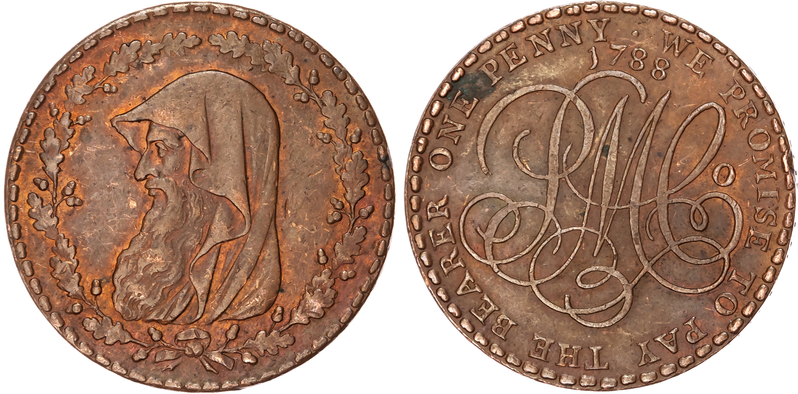 Anglesey . Amlwch, Parys Mining Co. (Thomas Williams) Penny 1788, Cowled druid's head within a thick oaken wre…