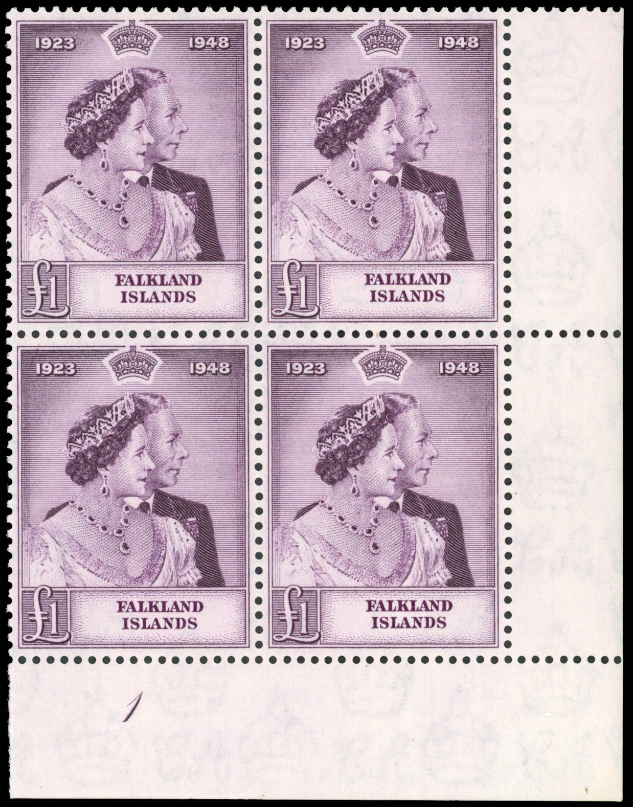 Falkland Is SG 167 1948 £1 Wedding Plate block mint