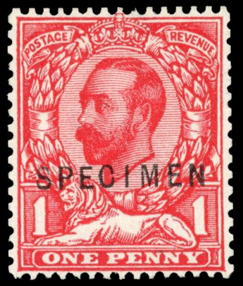 GB 1912 1d Scarlet (Die 1b, Wmk. Simple Cypher), optd “SPECIMEN” Type 22, SG 336s.
