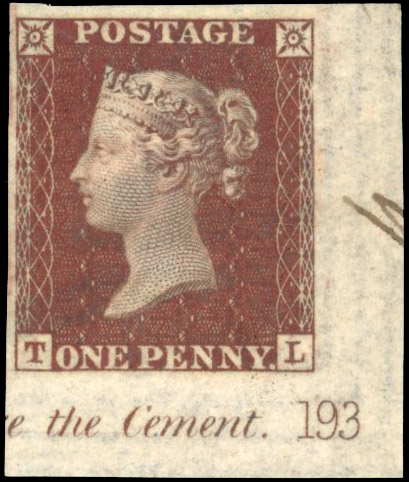 GB SG 17 1854 1d Plate 193 imprimatur with plate number