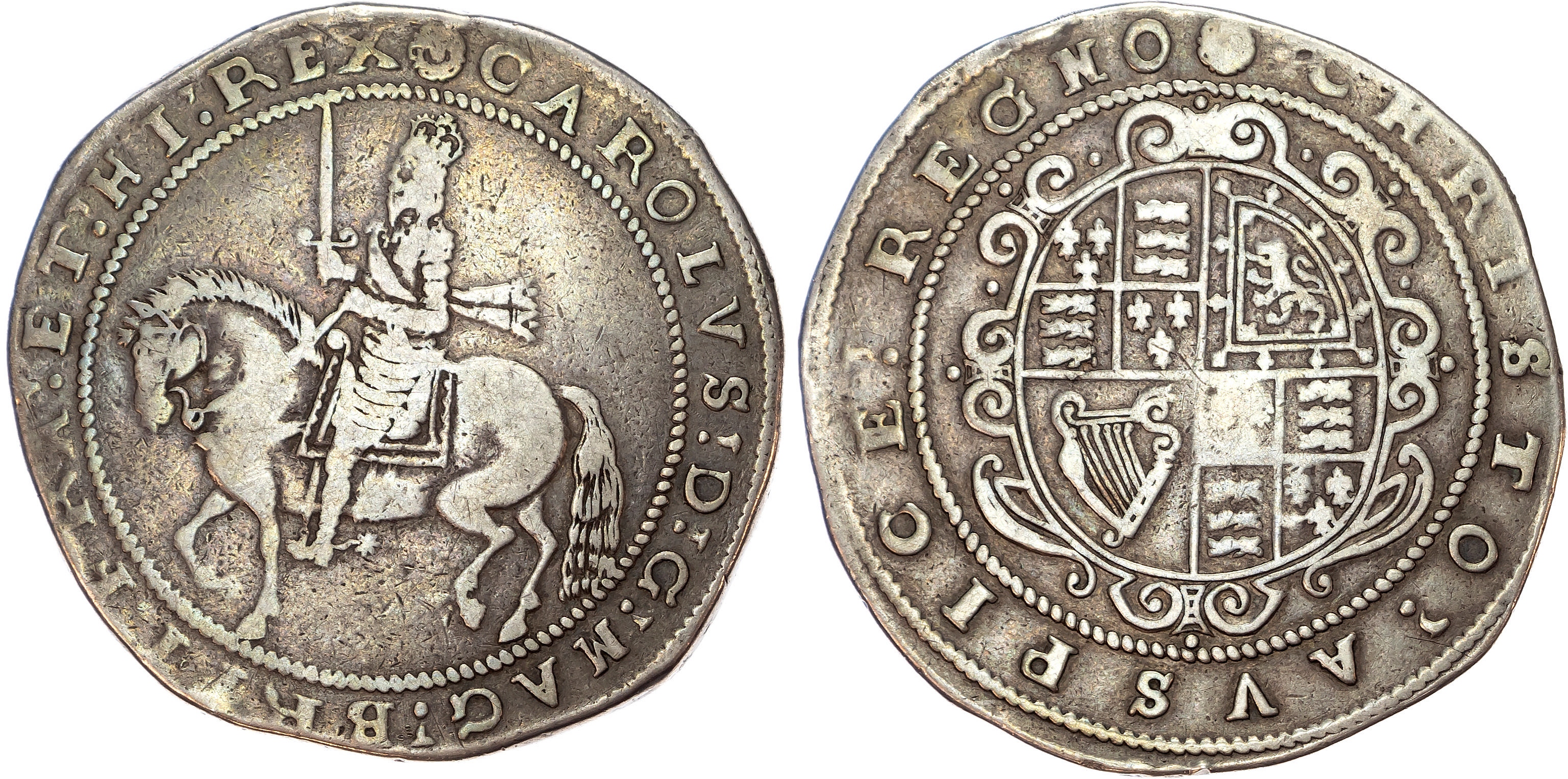 Charles I (1625-1649) Crown, Truro mint (1642-43), mintmark rose both sides.