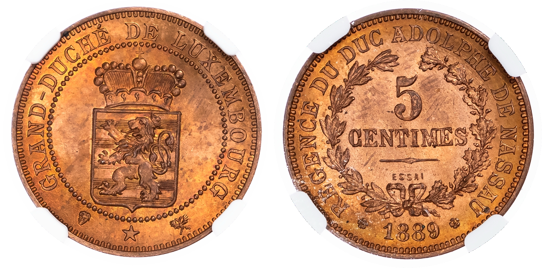Luxembourg. Adolphus CU ESSAI 5 Centimes. 1889. 