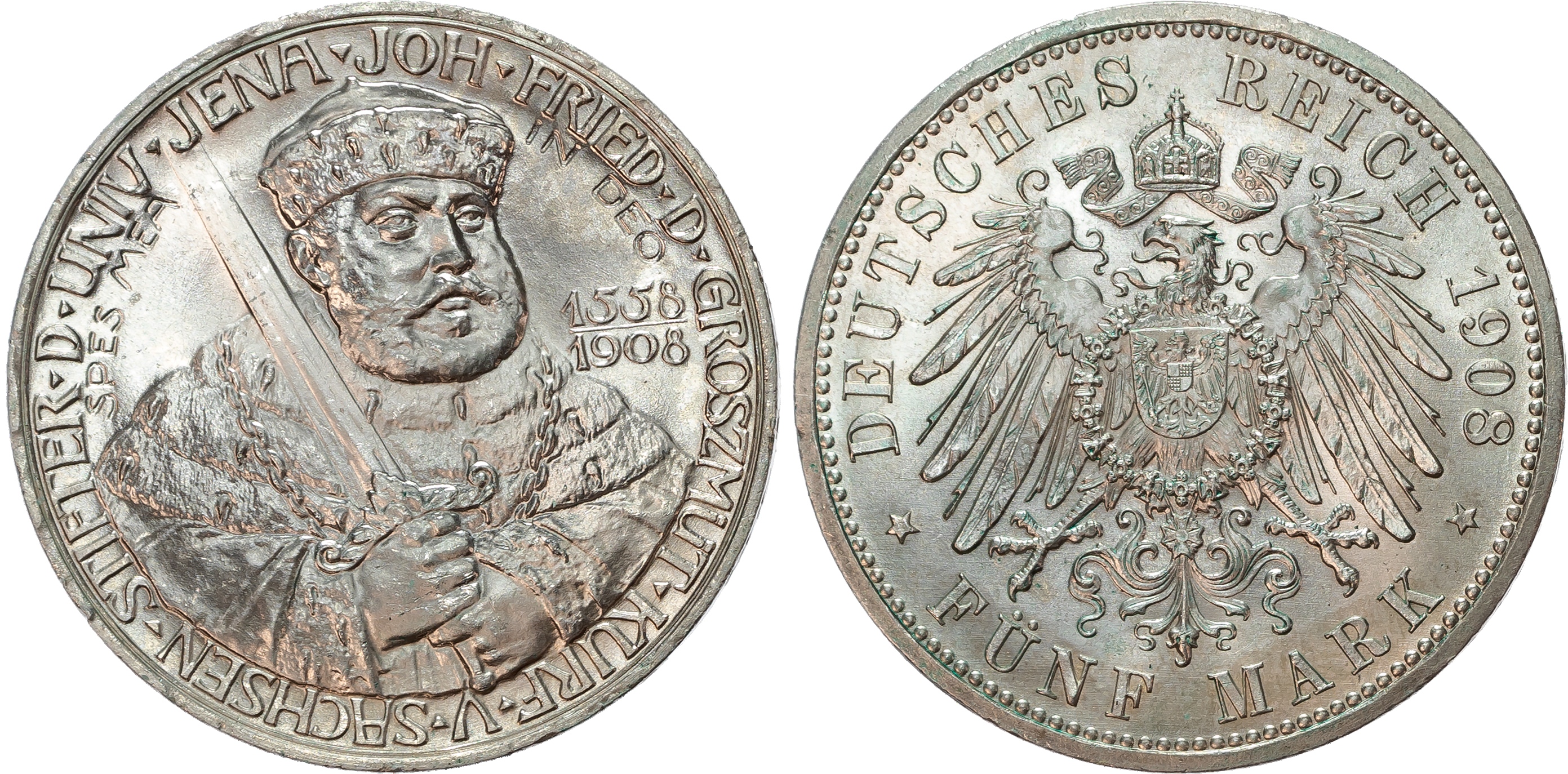 Germany, Saxony-Weimar, Wilhelm Ernst (1901-1918), 350th Anniversary of Jena University, silver 5 Marks.