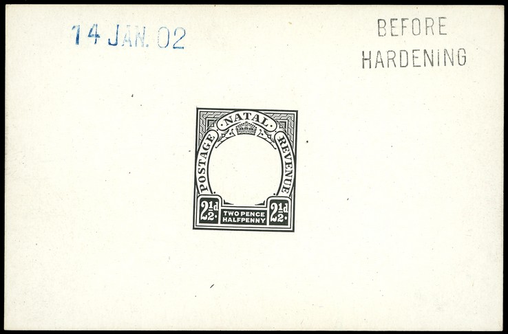1902 Die Proof of 2½d Duty Plate in black on glazed card 93 x 60mm, dated 14 JAN. 02 in blue and marked BEFORE HARDENING. ...
