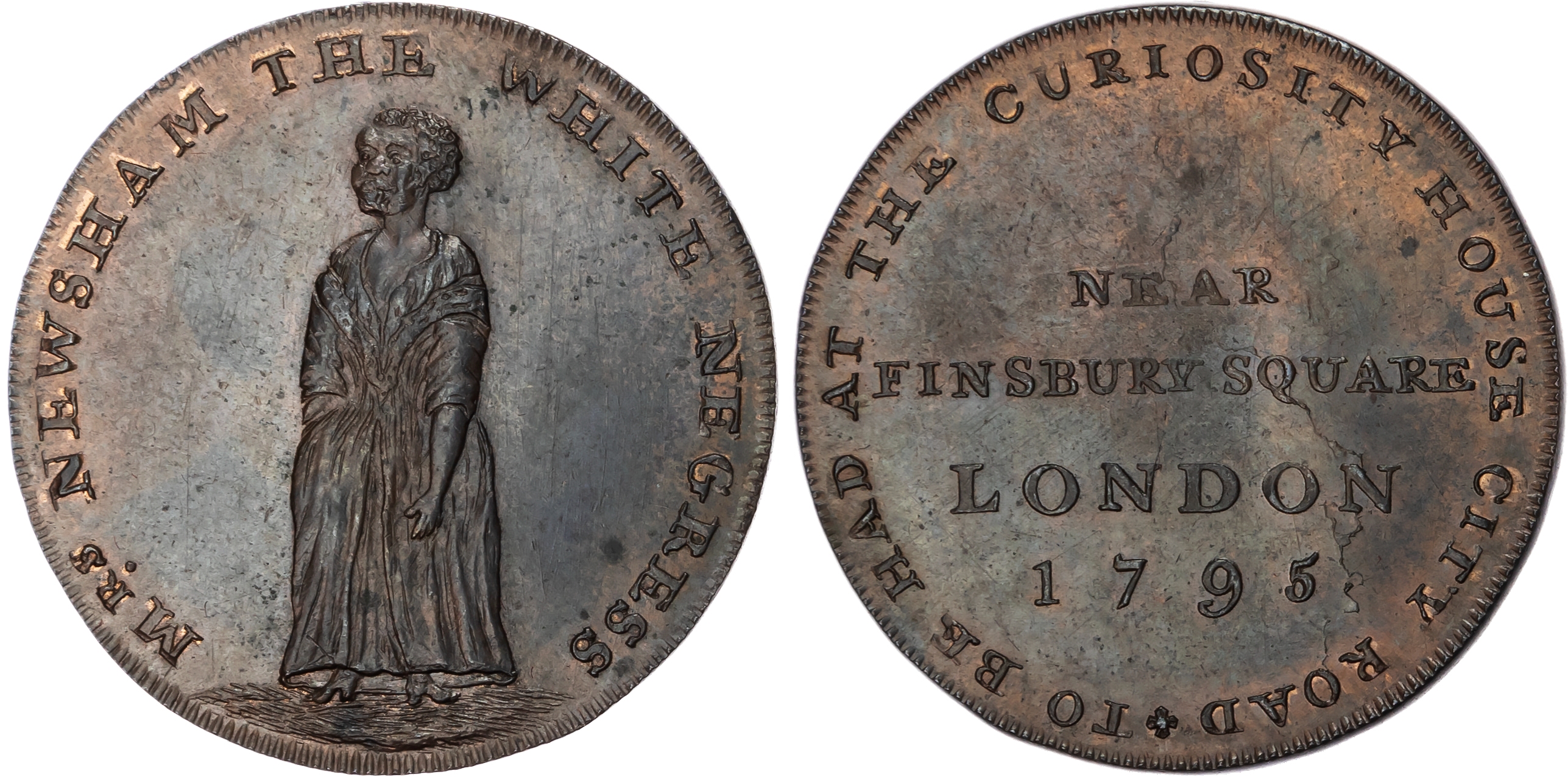 London , City Road, Thomas Hall Halfpenny 1795, Mrs. Newsham “The White Negress” standing facing, rev. Finsbur…