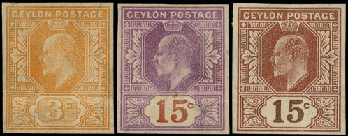 1903 imperforate colour trials, watermark Crown CA, gummed.  3c in yellow, 15c in mauve and reddish brown and red-brown and...