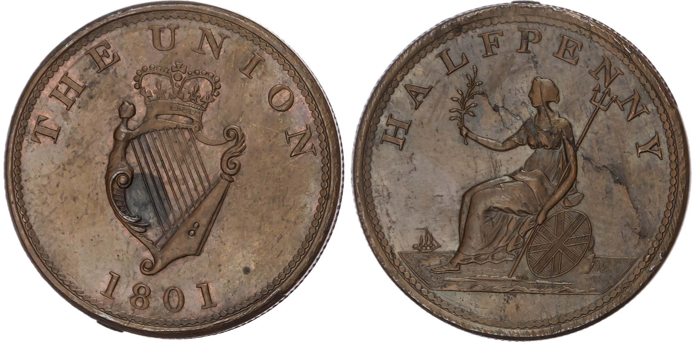 IRISH, NON LOCAL General Circulation Halfpenny 1801, Crowned Irish harp ‘THE UNION’, rev. Britannia seated lef…