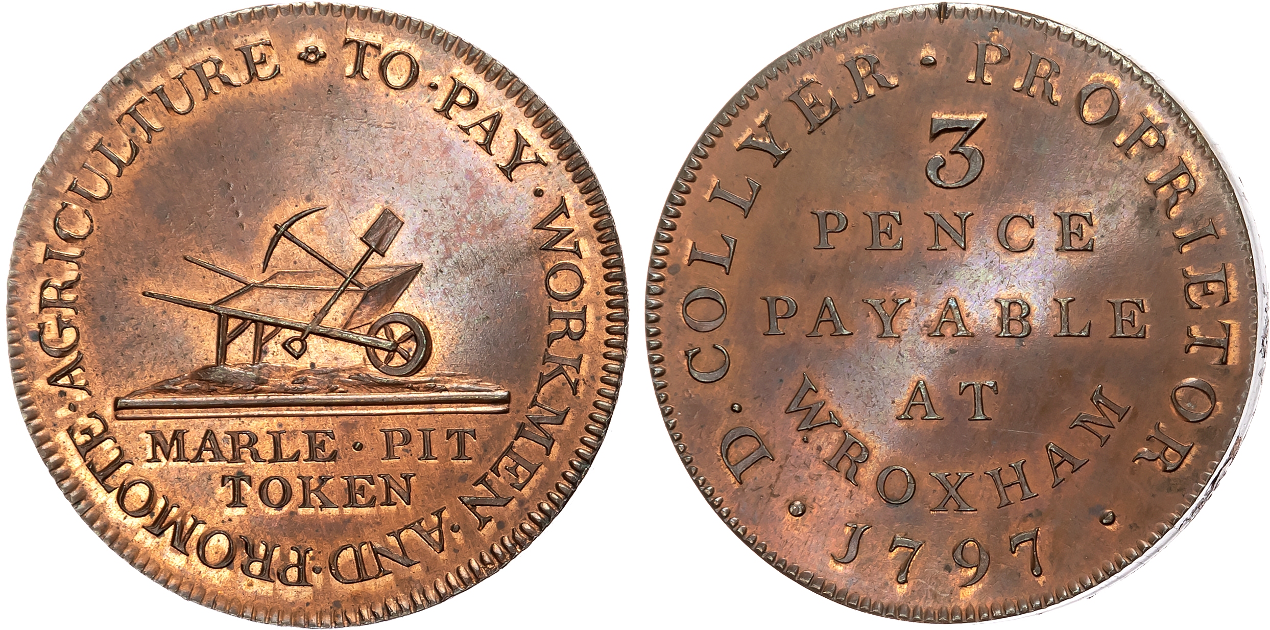 Norf. Wroxham , Rev. Daniel Collyer (marl pit owner), Milton’s Threepence, 1797, Wheelbarrow containing spade and pickax …