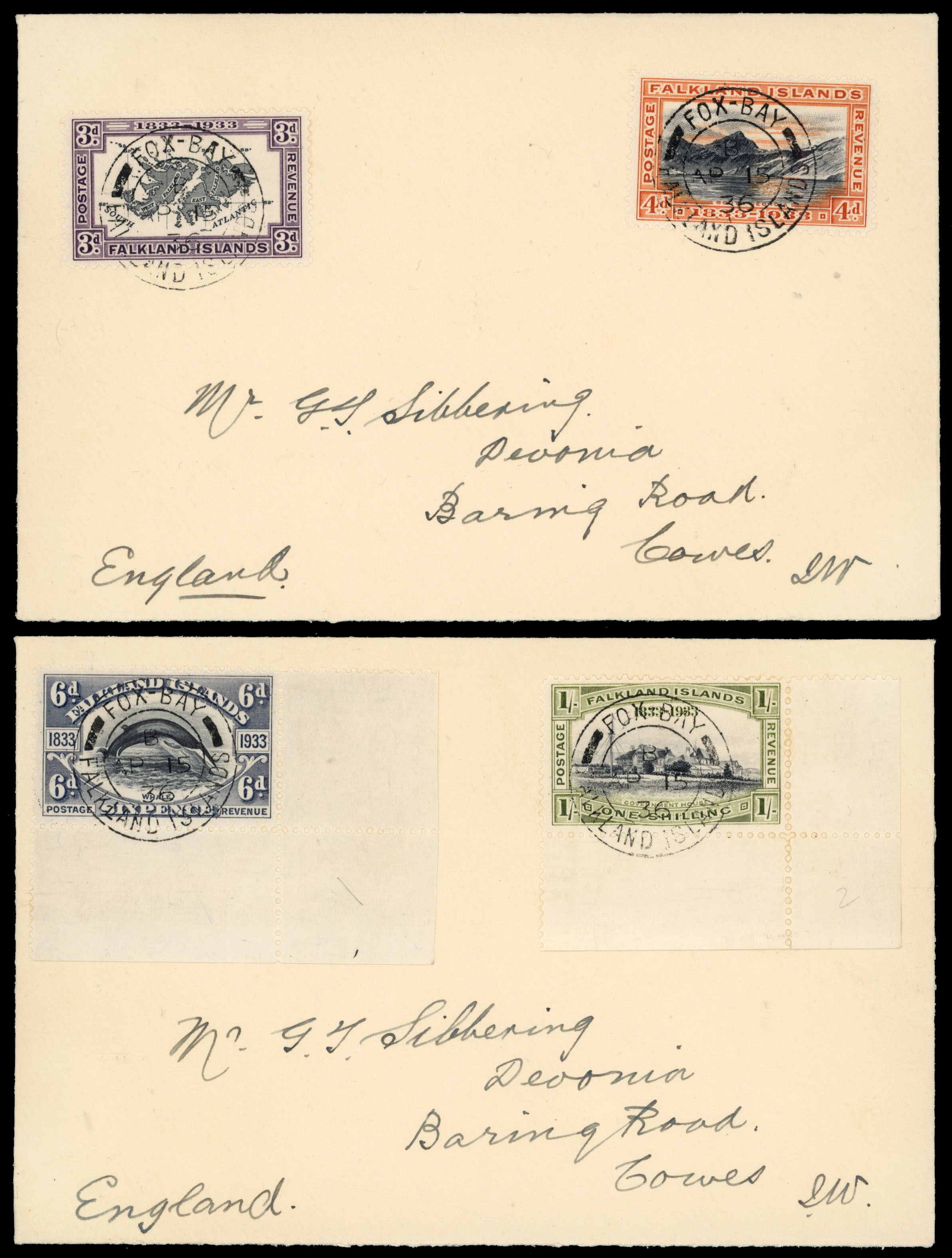 † Falkland Islands 1936 covers from Fox Bay with 3d to 1s Centenary