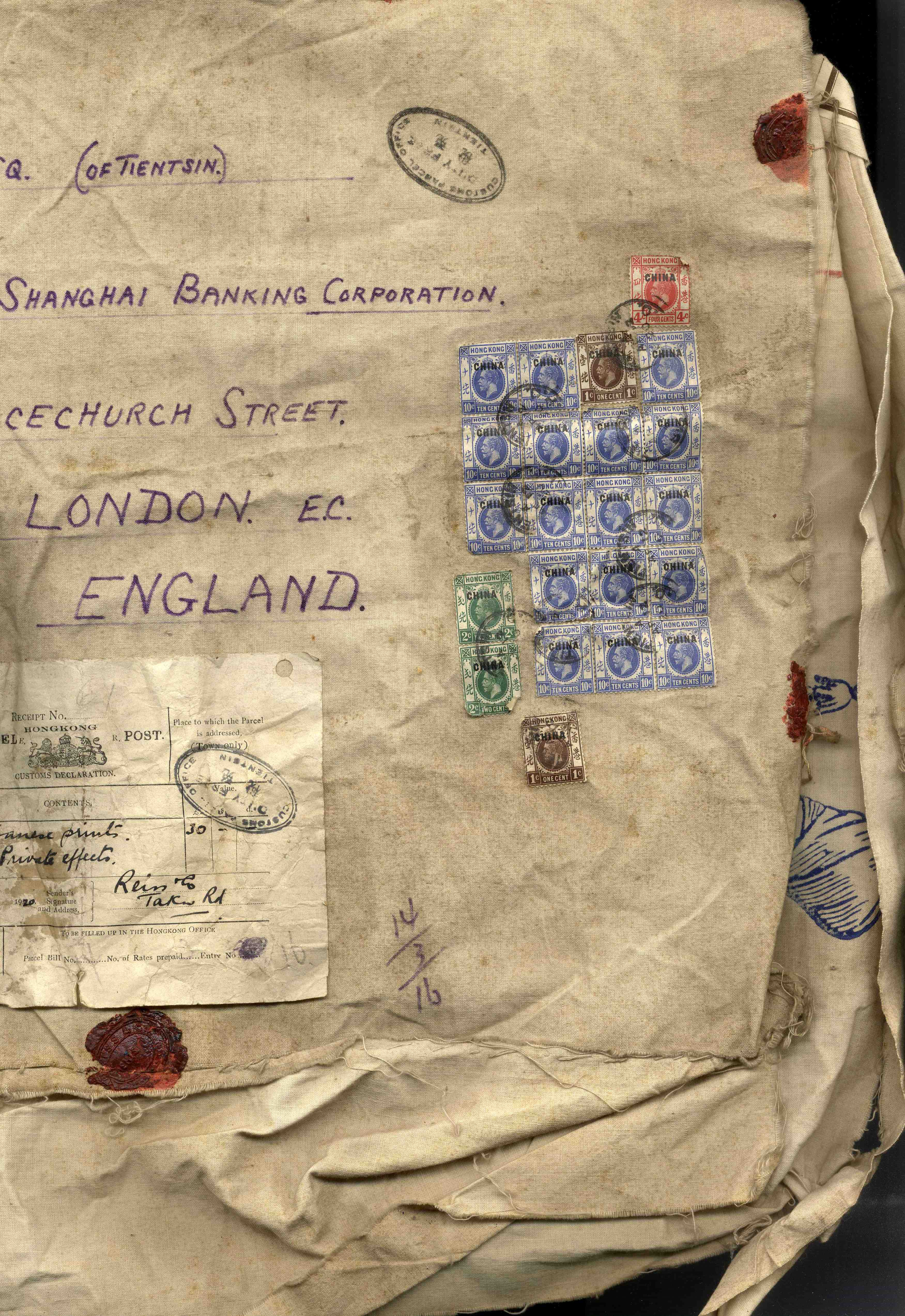 HONG KONG CHINA: 1920 large linen parcel wrapper, (55x38cm approx) registered and insured from Tientsin to London