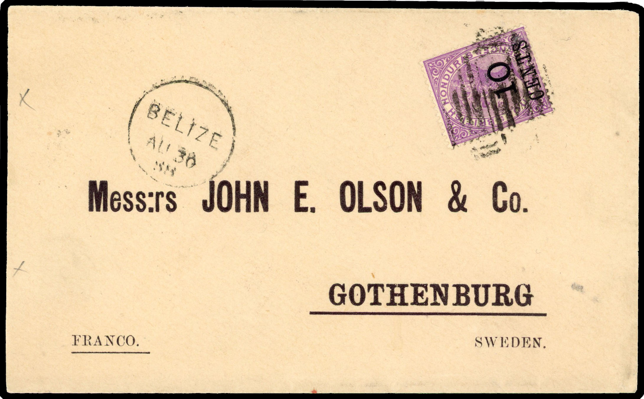 1888 envelope to Sweden franked 10c on 4d, tied barred cancel with “BELIZE/AU 30 88” cds alongside.