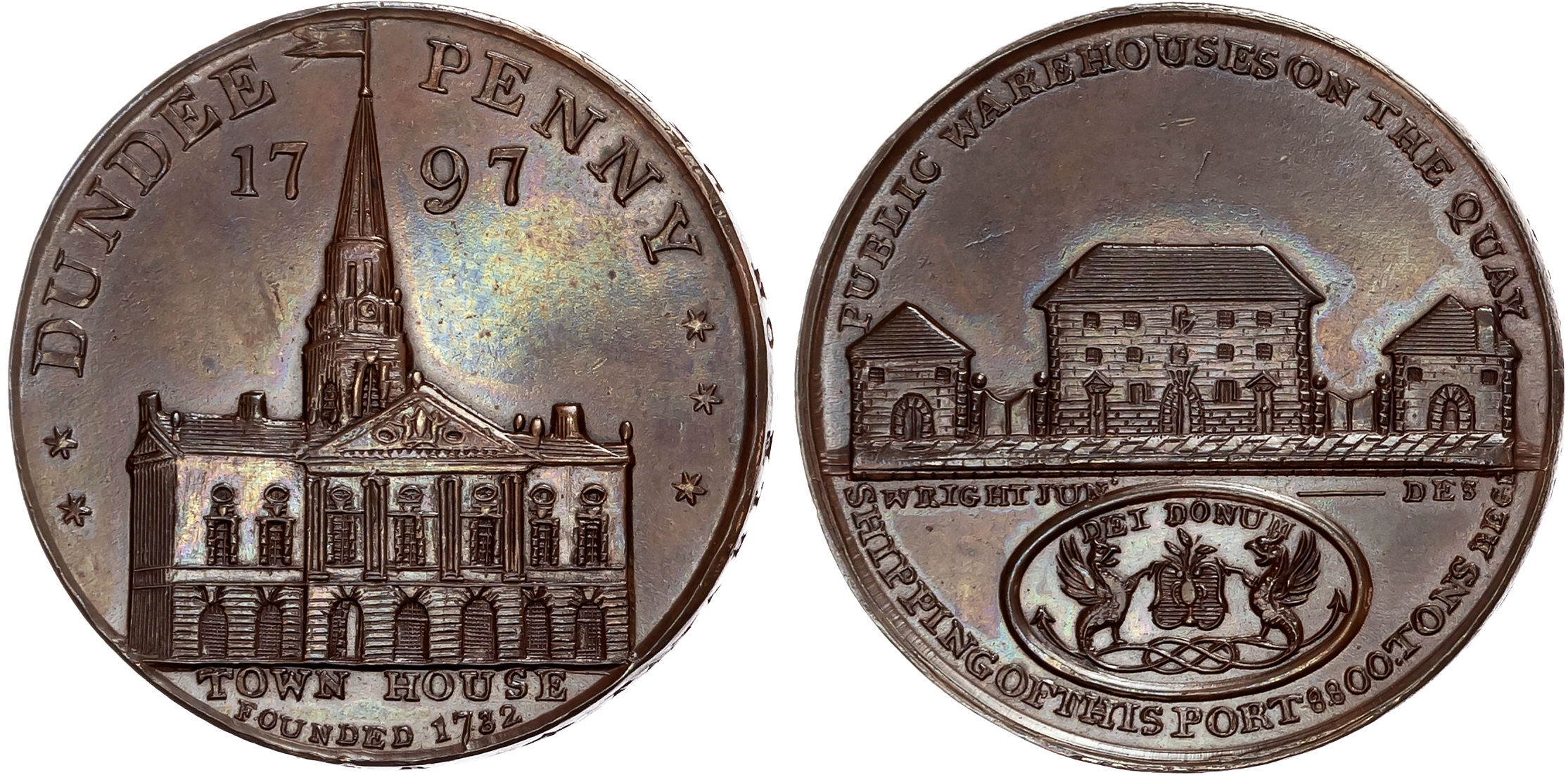 Angus. Dundee , Thomas Webster Jr, Wright’s Penny, 1797, Quay warehouses above Dundee arms, rev. Frontal view of the To …