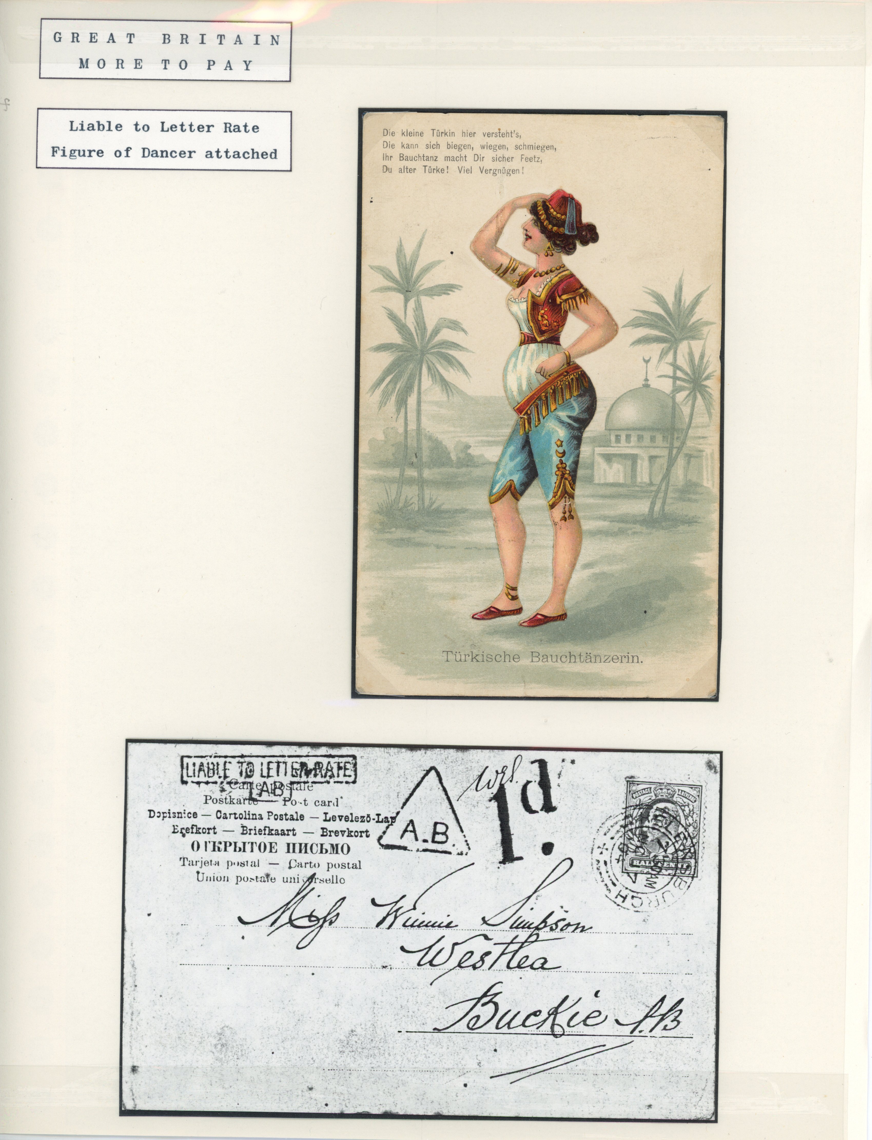 Great Britain 1904 novelty postcard with a dancer attached
