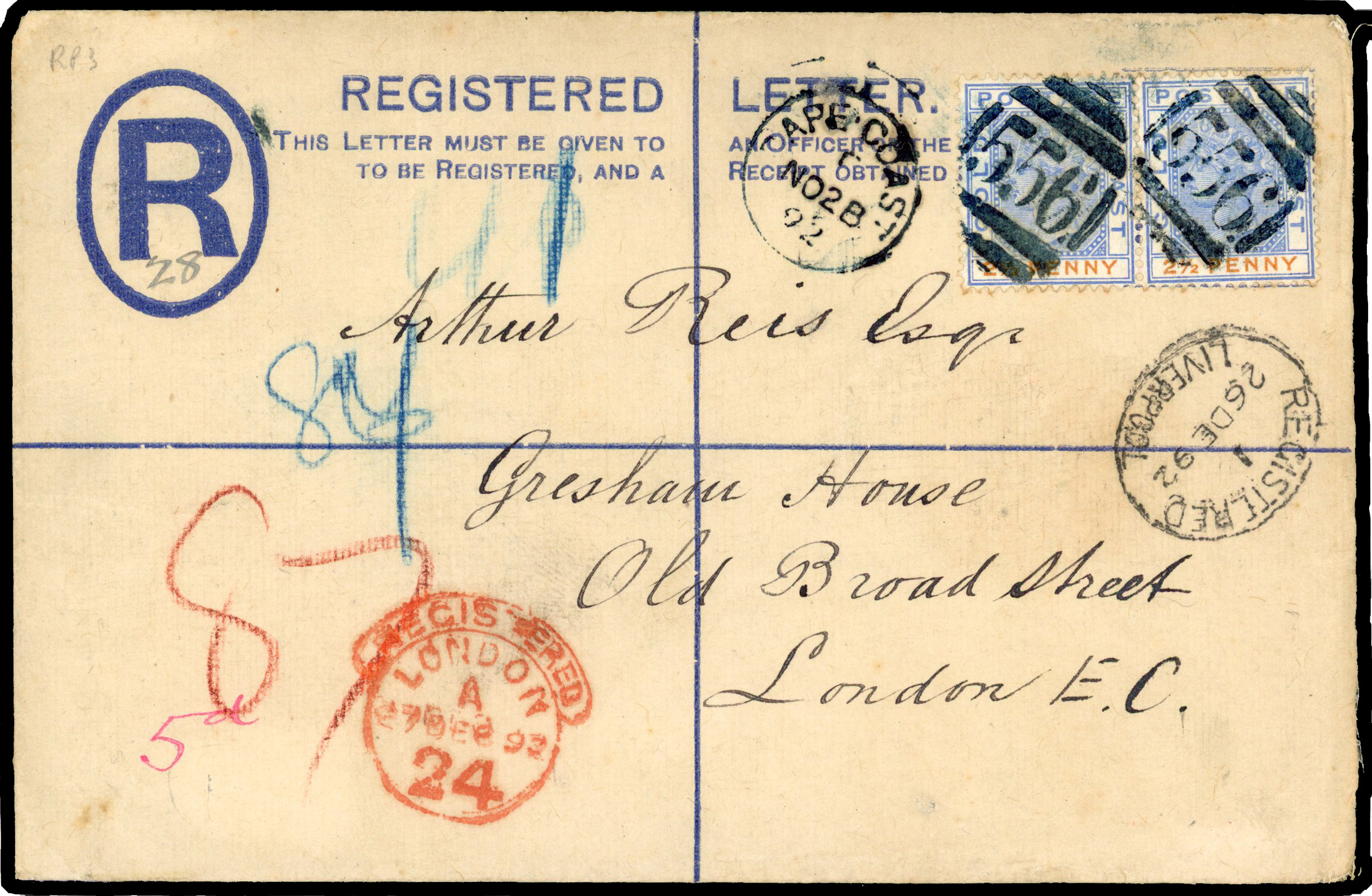 1892 2d registered stationery envelope (size G) franked 2½d pair tied barred numeral ‘556’. ADDED TO R2000893/44 
