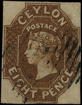 1857-9 8d brown with four clear margins, light barred cancel, fine.  SG 7,...