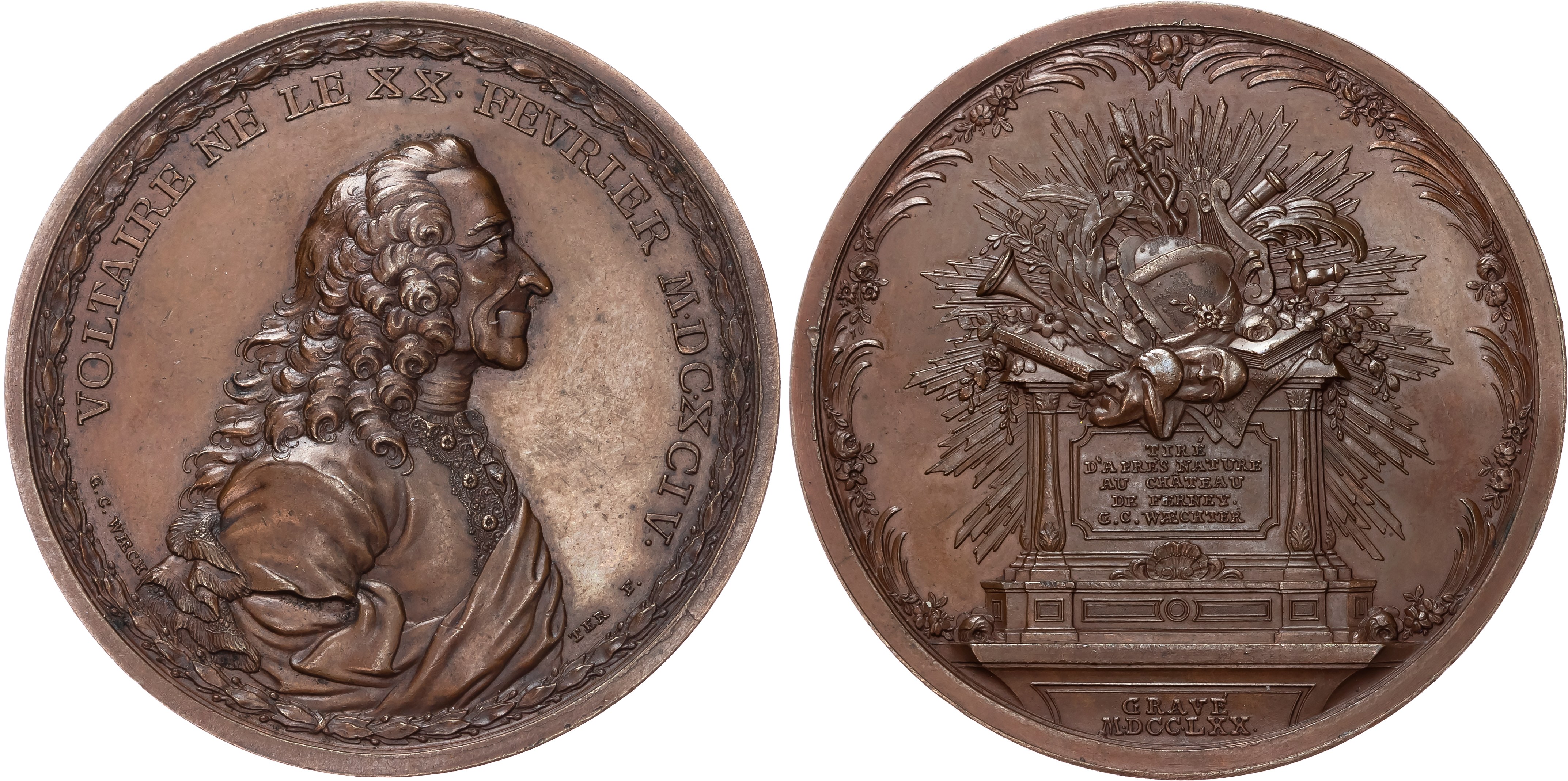 France, Voltaire (1694-1778), Château de Voltaire at Ferney-Voltaire, copper medal (58mm/70.80gm), 1770, by G. C. Waechter