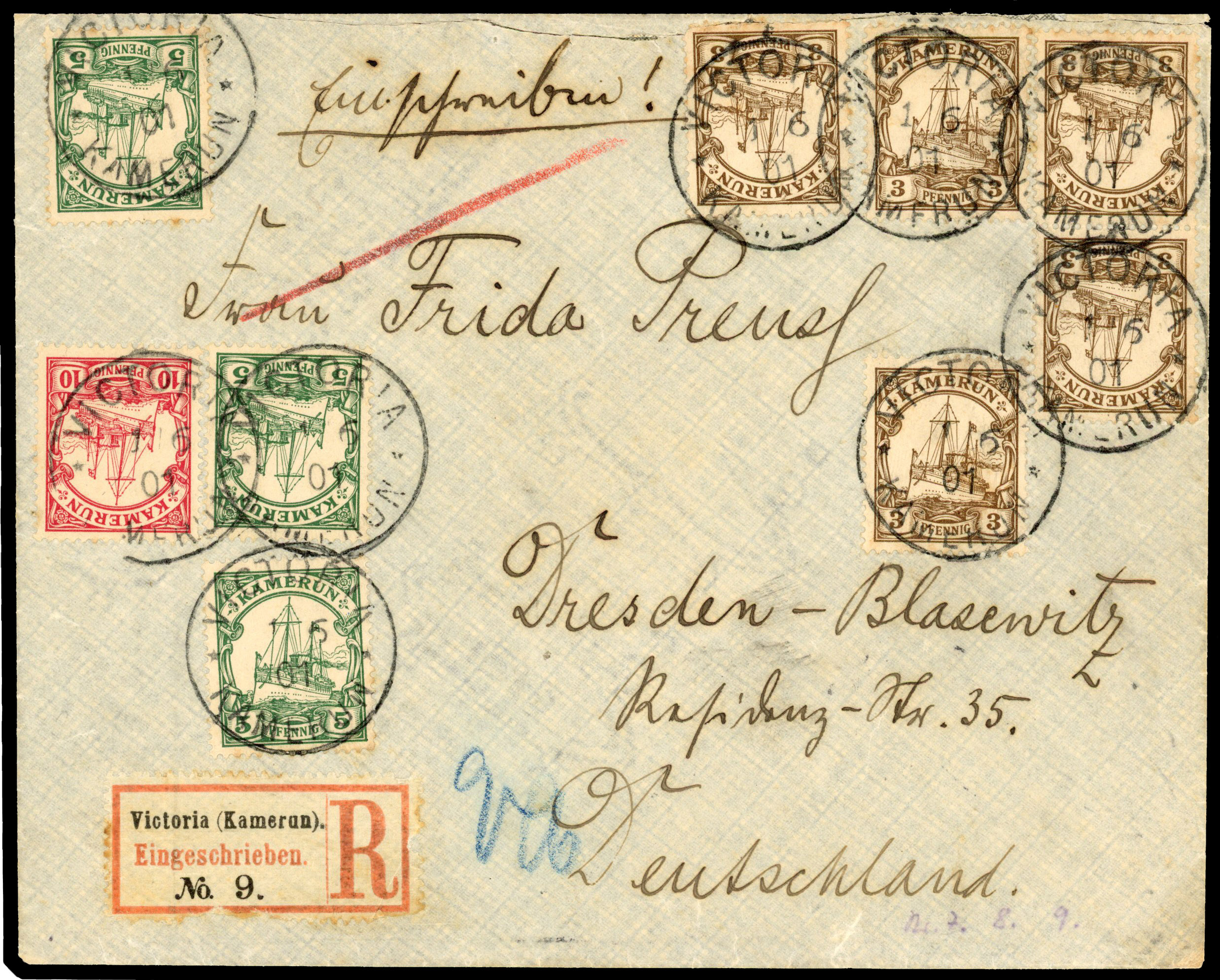 1901 most attractive registered cover to Germany franked 5 x 3pf, 3 x 5pf and 10pf (to pay 40pf double registration