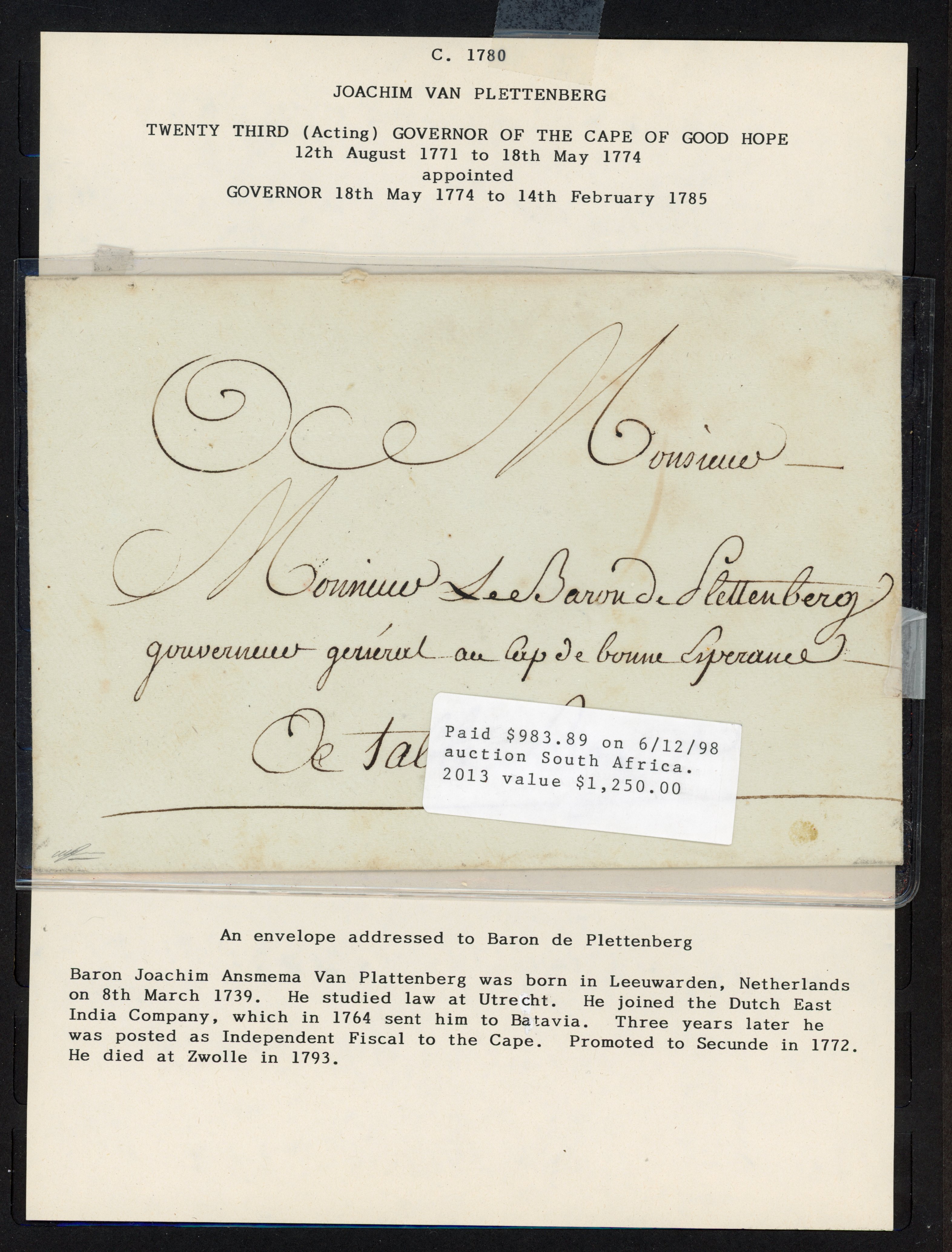 Cape of Good Hope c1780 cover and 1858 4d cover