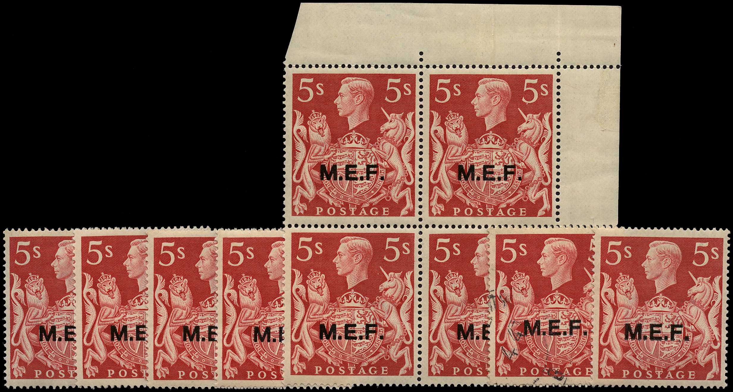 1947 5/- red 'T' guides. Two o.g. examples...