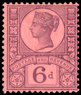 1887-92 ‘Jubilee’ 6d purple on rose-red, variety ‘WATERMARK INVERTED’, large part og