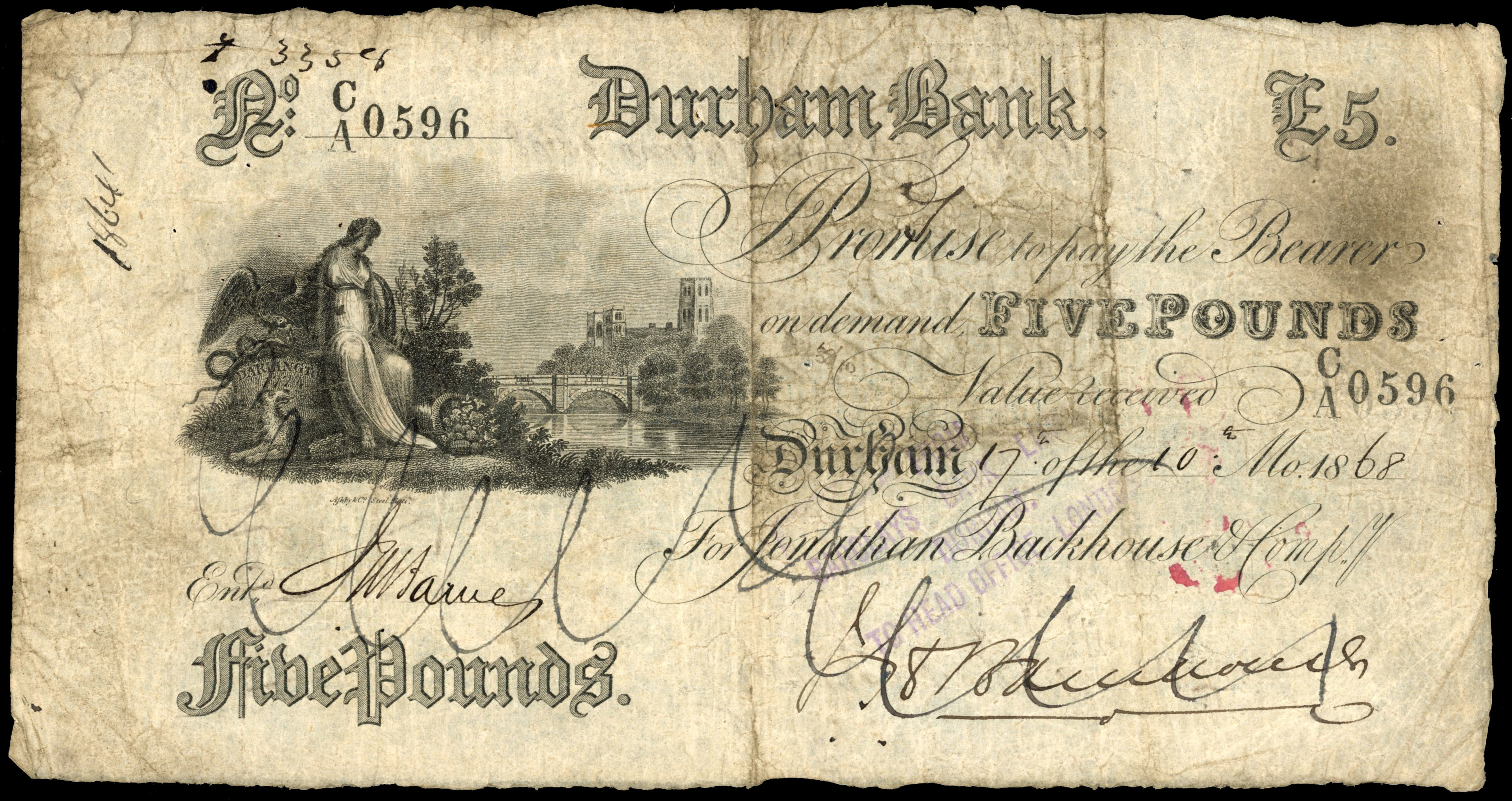DURHAM, Durham Bank for Jonathan Backhouse & Co., £5.,17 of the 10th month 1868, signed J Backhouse, serial no…